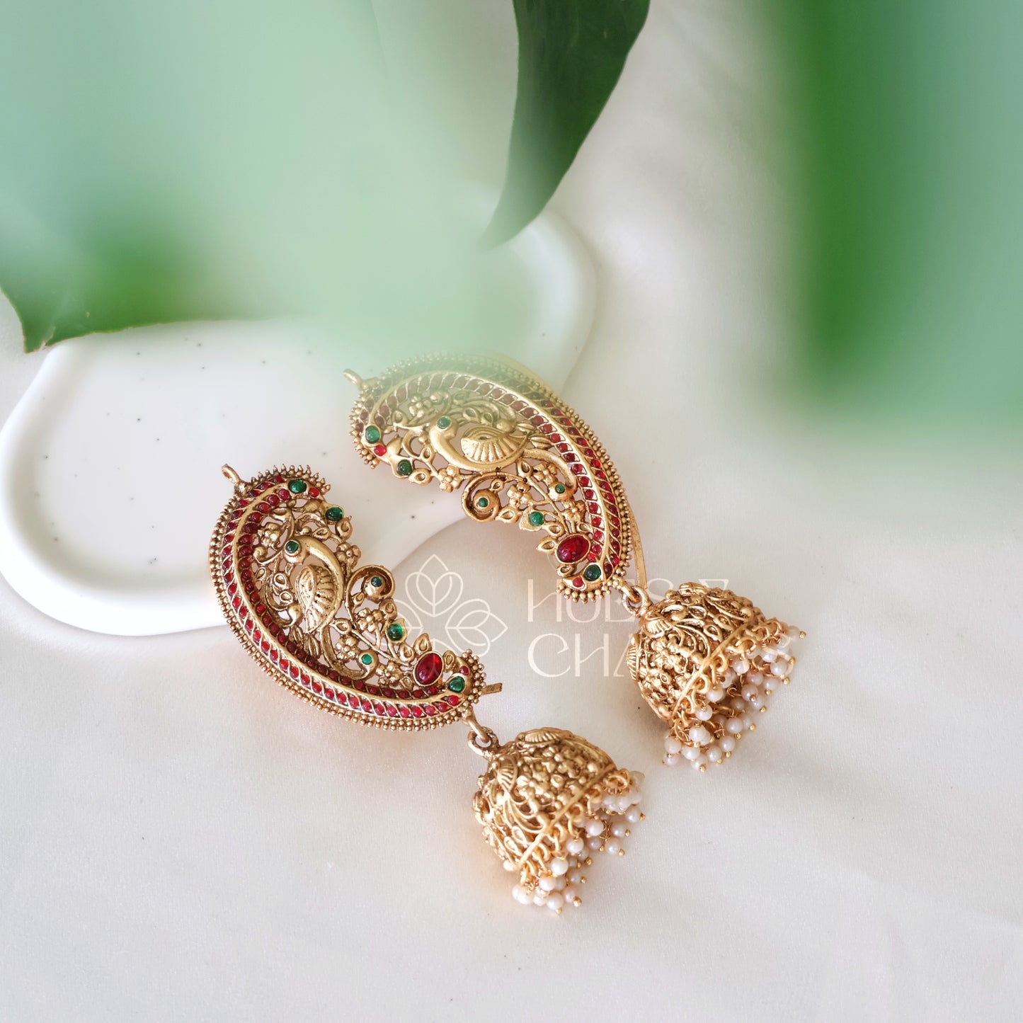 GOLDEN STATEMENT MAYURA EAR CUFF JHUMKAS WITH PEARLS