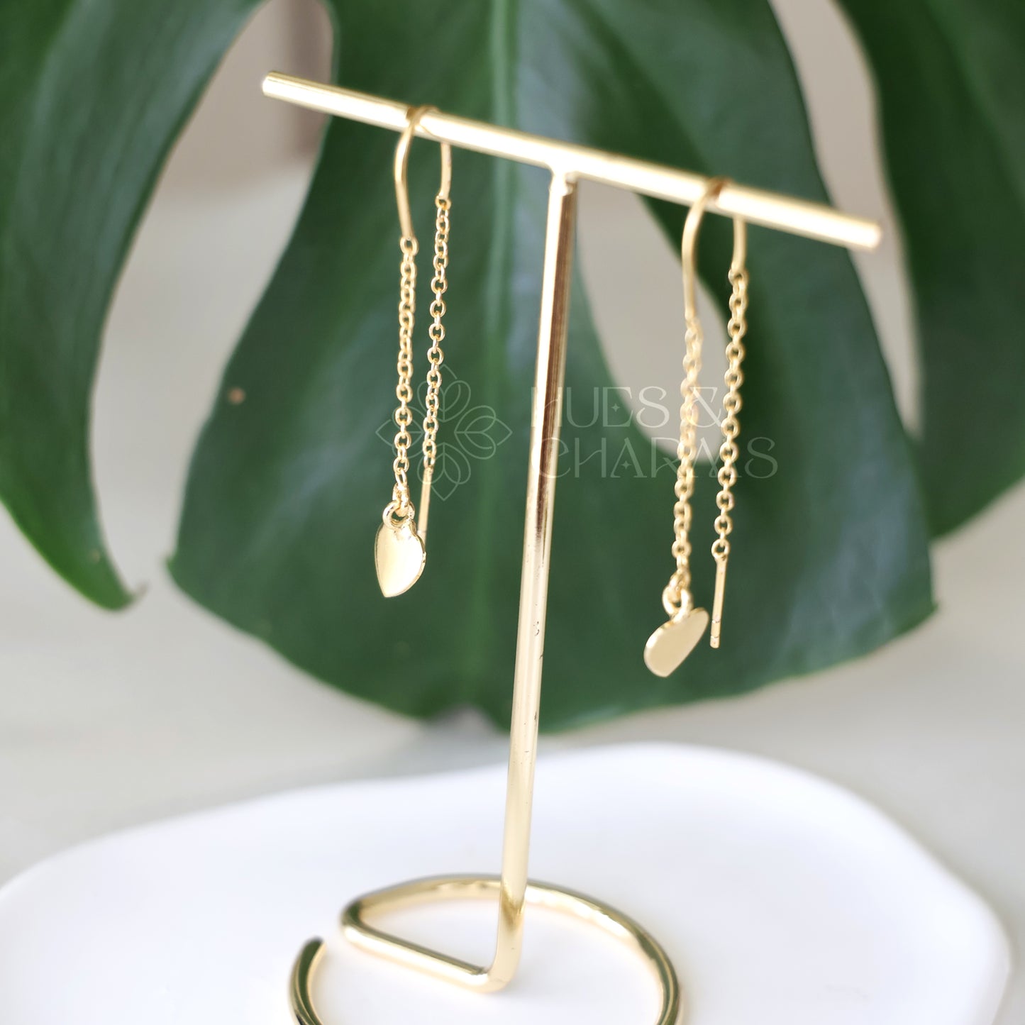 GOLDEN NEEDLE AND THREAD HEART EARRINGS