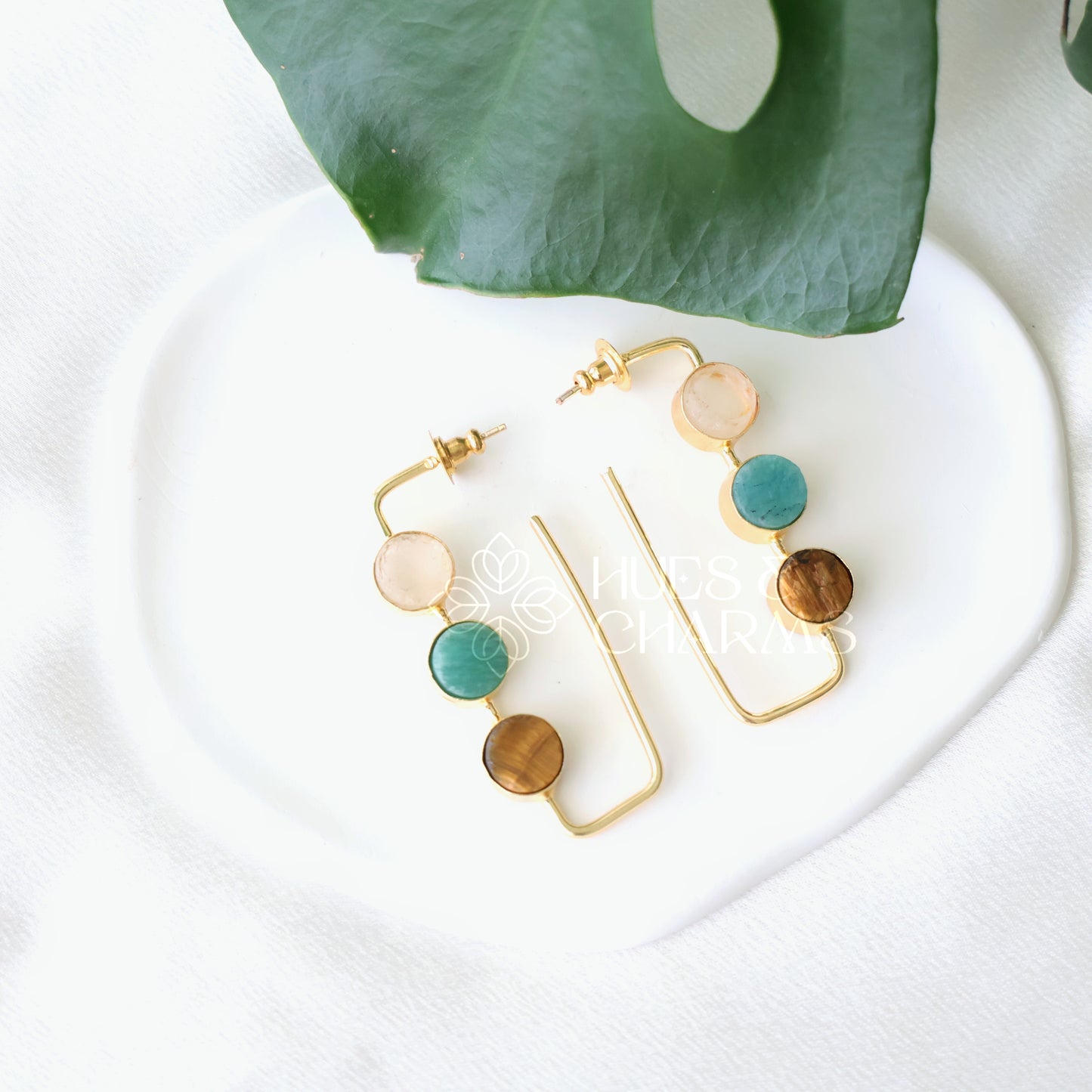 GOLDEN RAW STONE EDGE HOOP EARRINGS (Colours available)