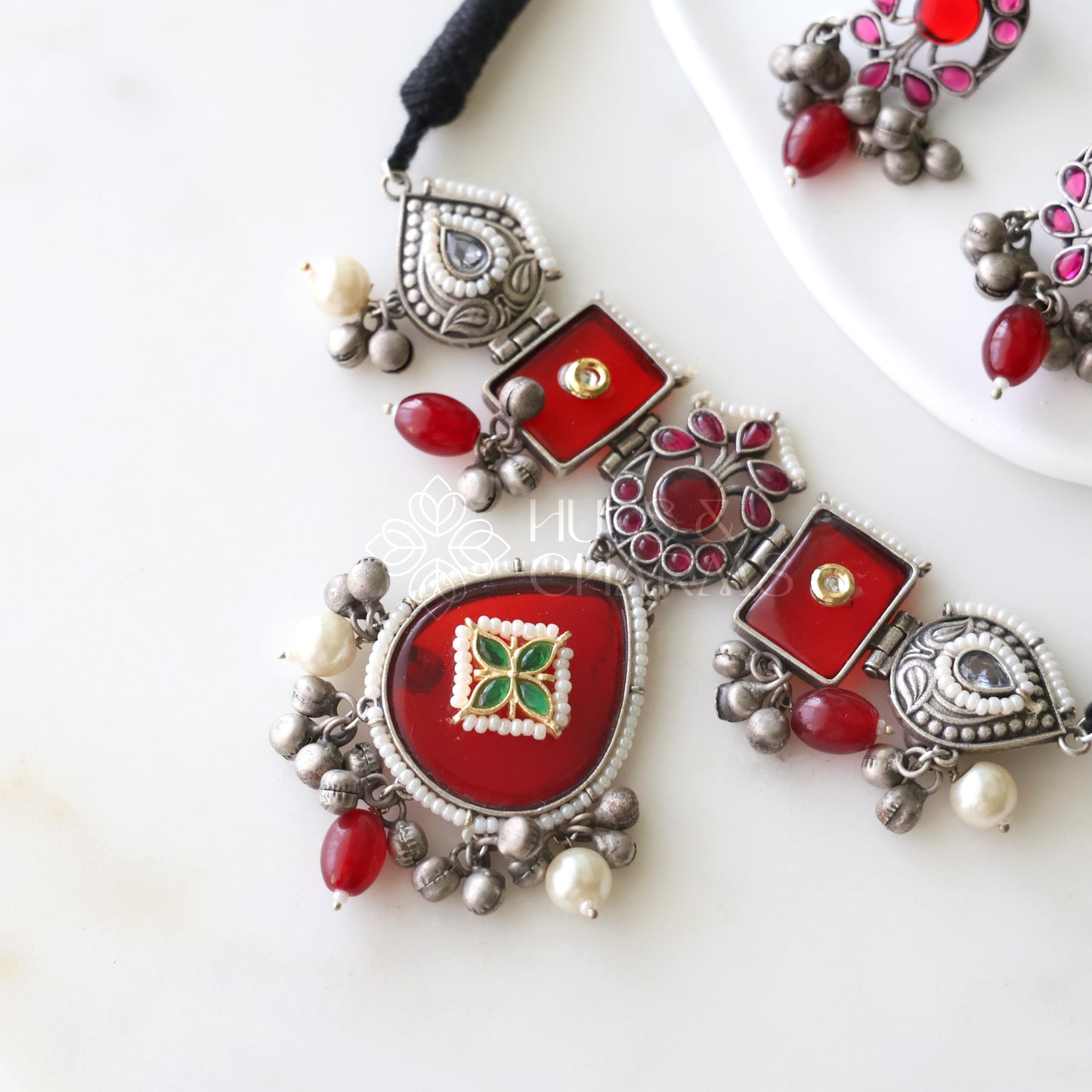 OXIDIZED GLOSSY GHUNGHROO CHOKER SET(Colours available )