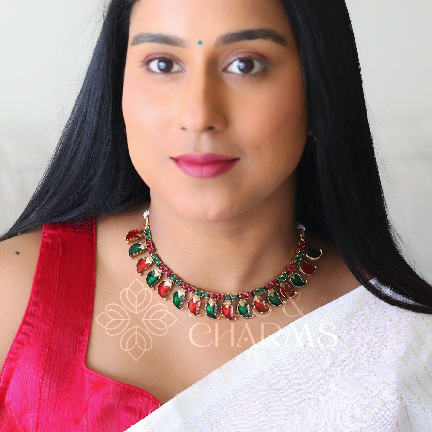 TRADITIONAL RUBY AND GREEN STATEMENT PALAKKA NECKLACE SET