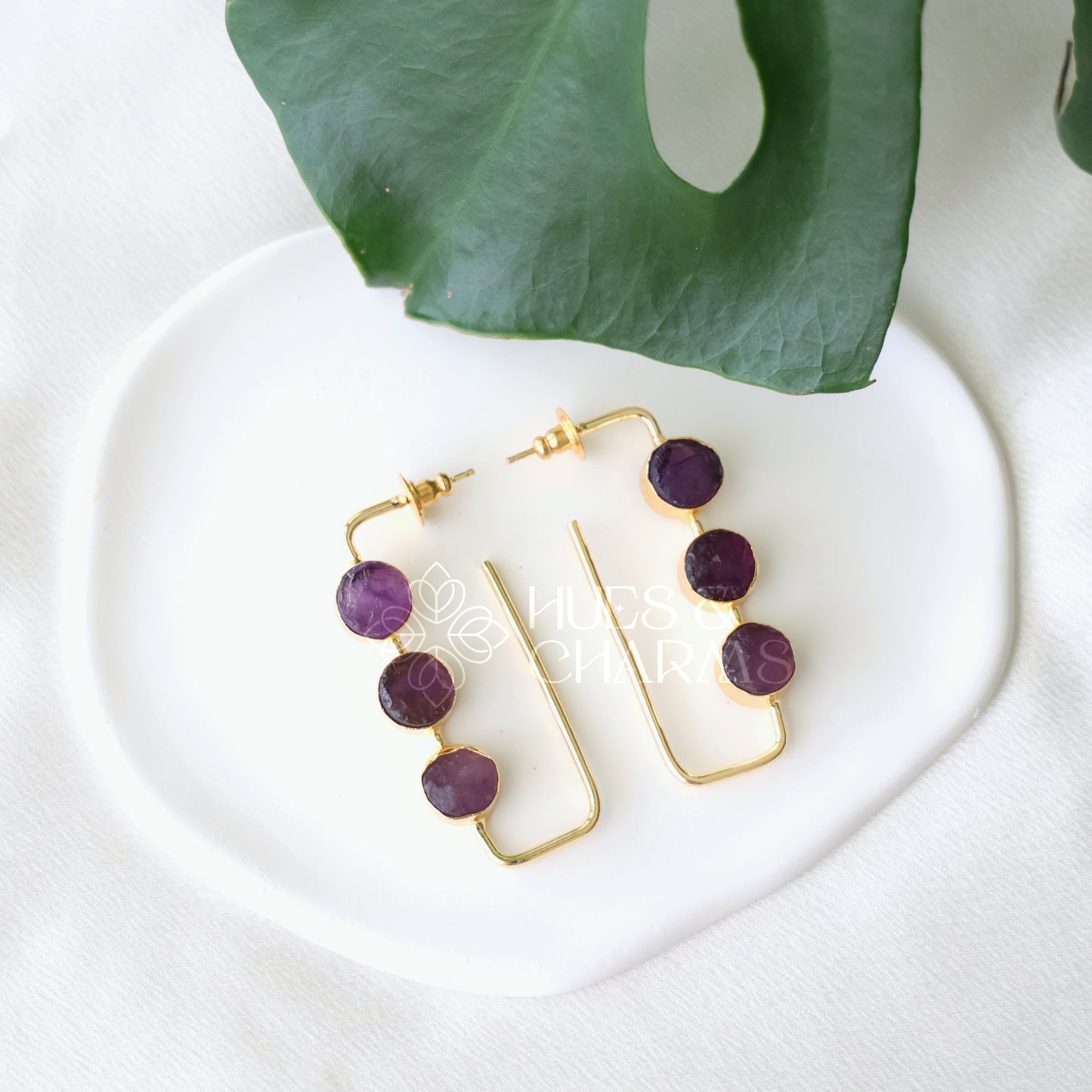 GOLDEN RAW STONE EDGE HOOP EARRINGS (Colours available)