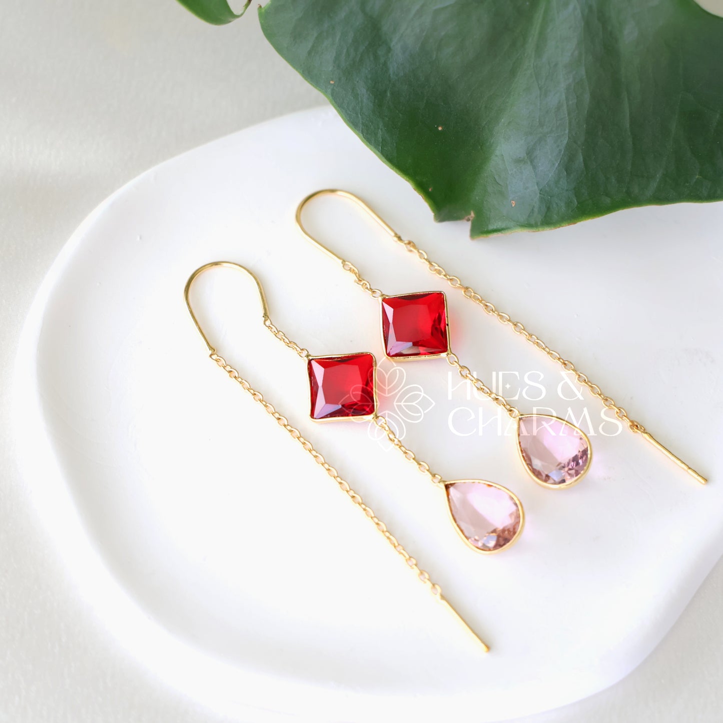 GOLDEN NEEDLE AND THREAD GLOSSY DROP AND DIAMOND EARRINGS