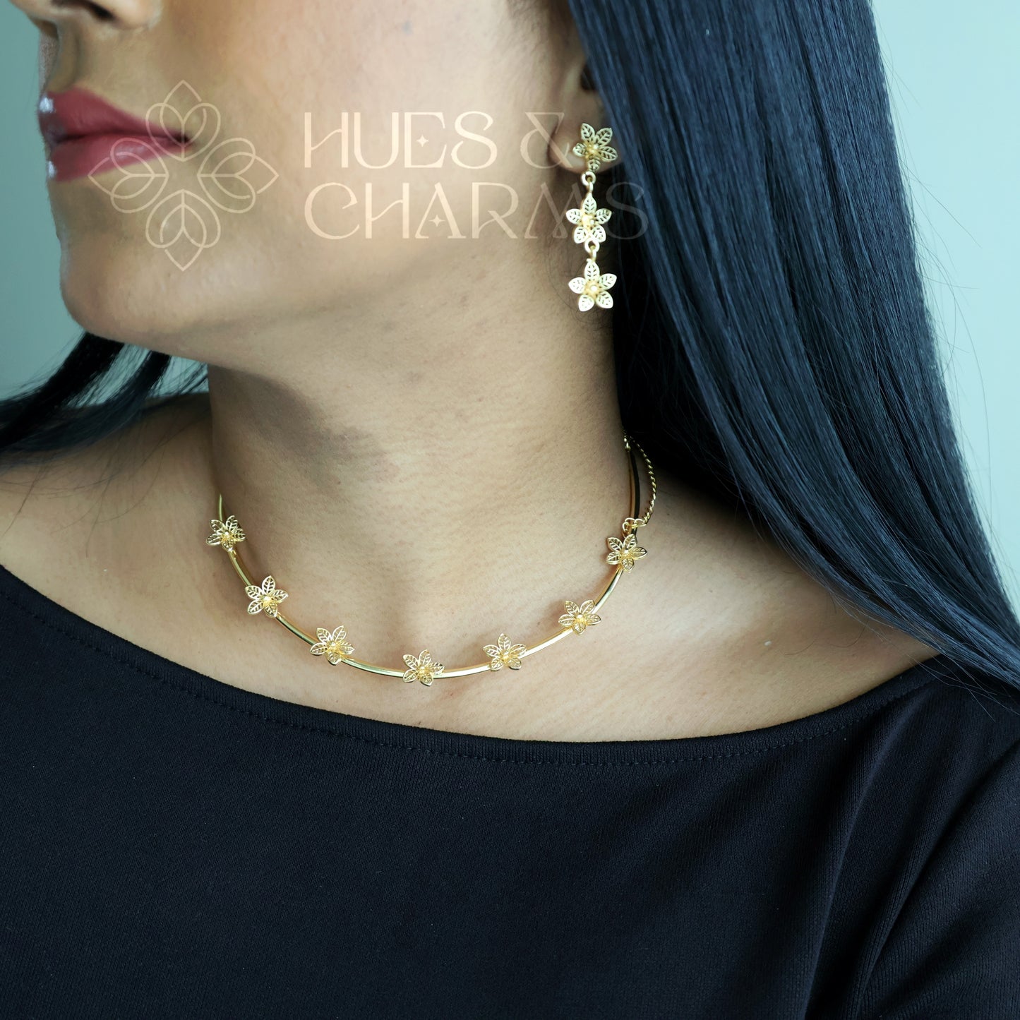 GOLDEN 7 FLOWER NECK CUFF SET