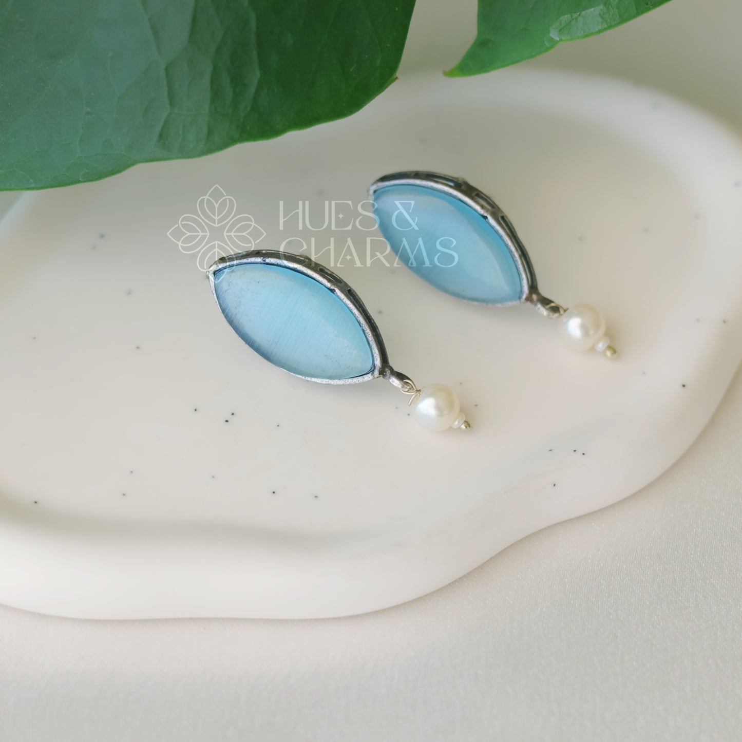 OXIDISED MONALISA STONE STUD EARRINGS WITH PEARL DROP( COLOURS AVAILABLE )