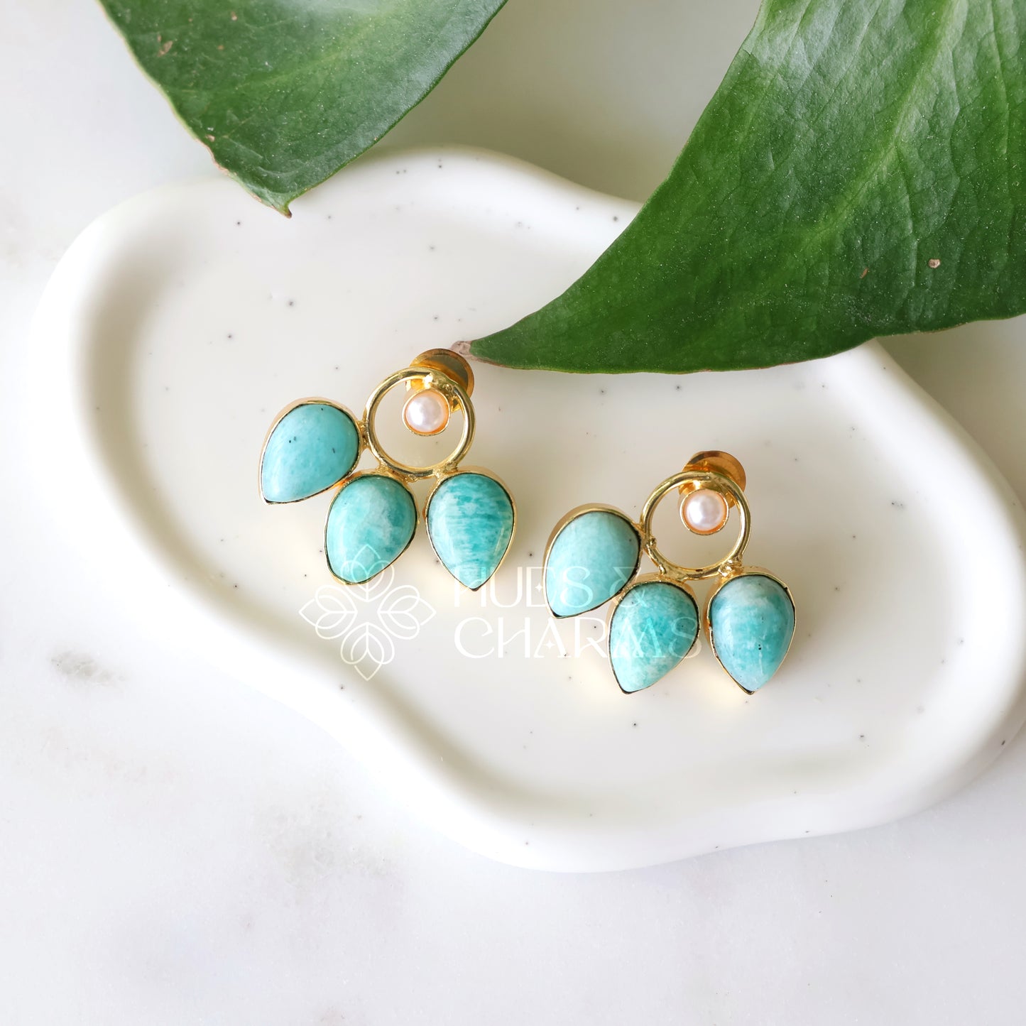 GOLDEN FLORA RAW STONE DROP EARRINGS WITH PEARL (COLOURS AVAILABLE)