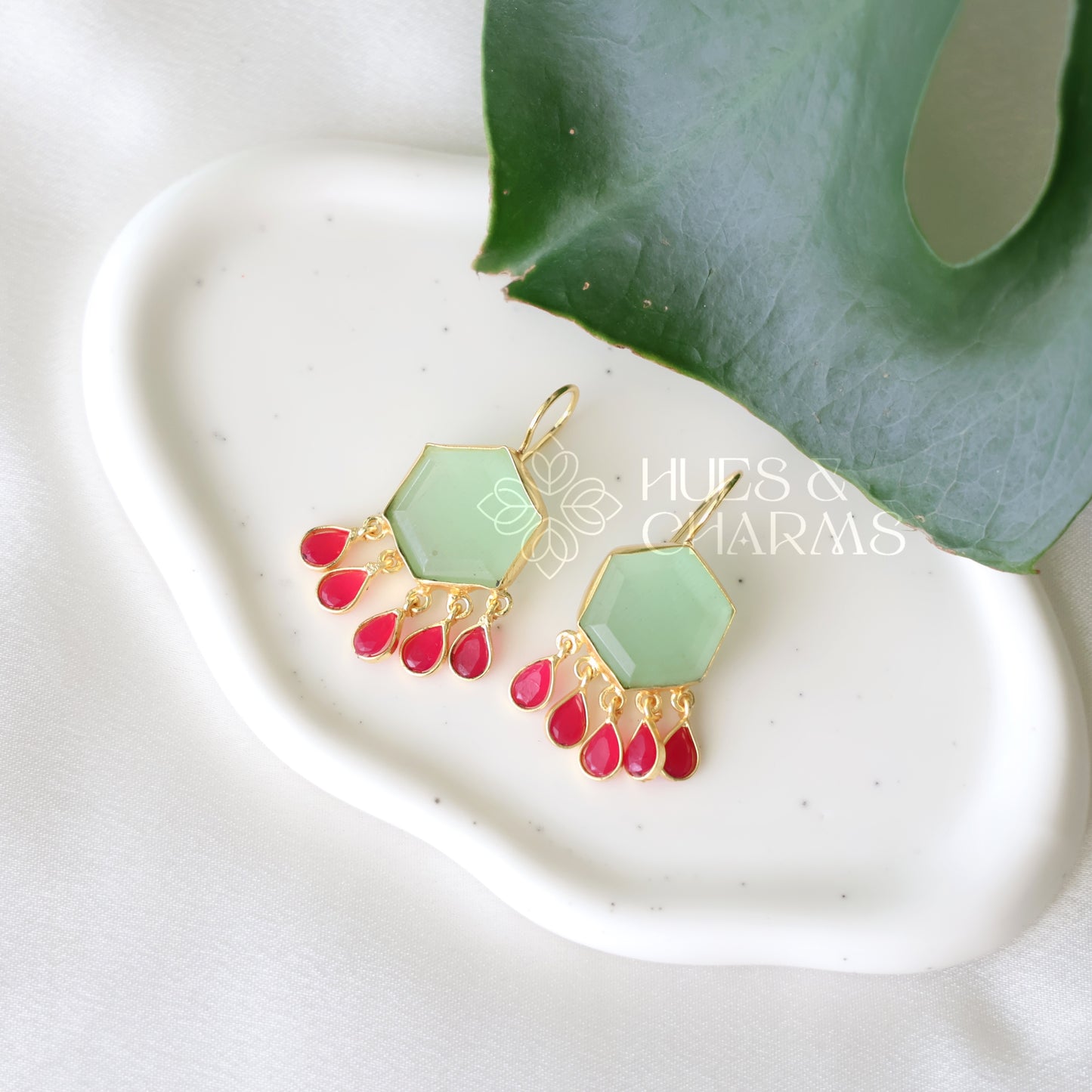 GOLDEN GLOSSY HEXA DEWDROPS EARRINGS (COLOURS AVAILABLE)