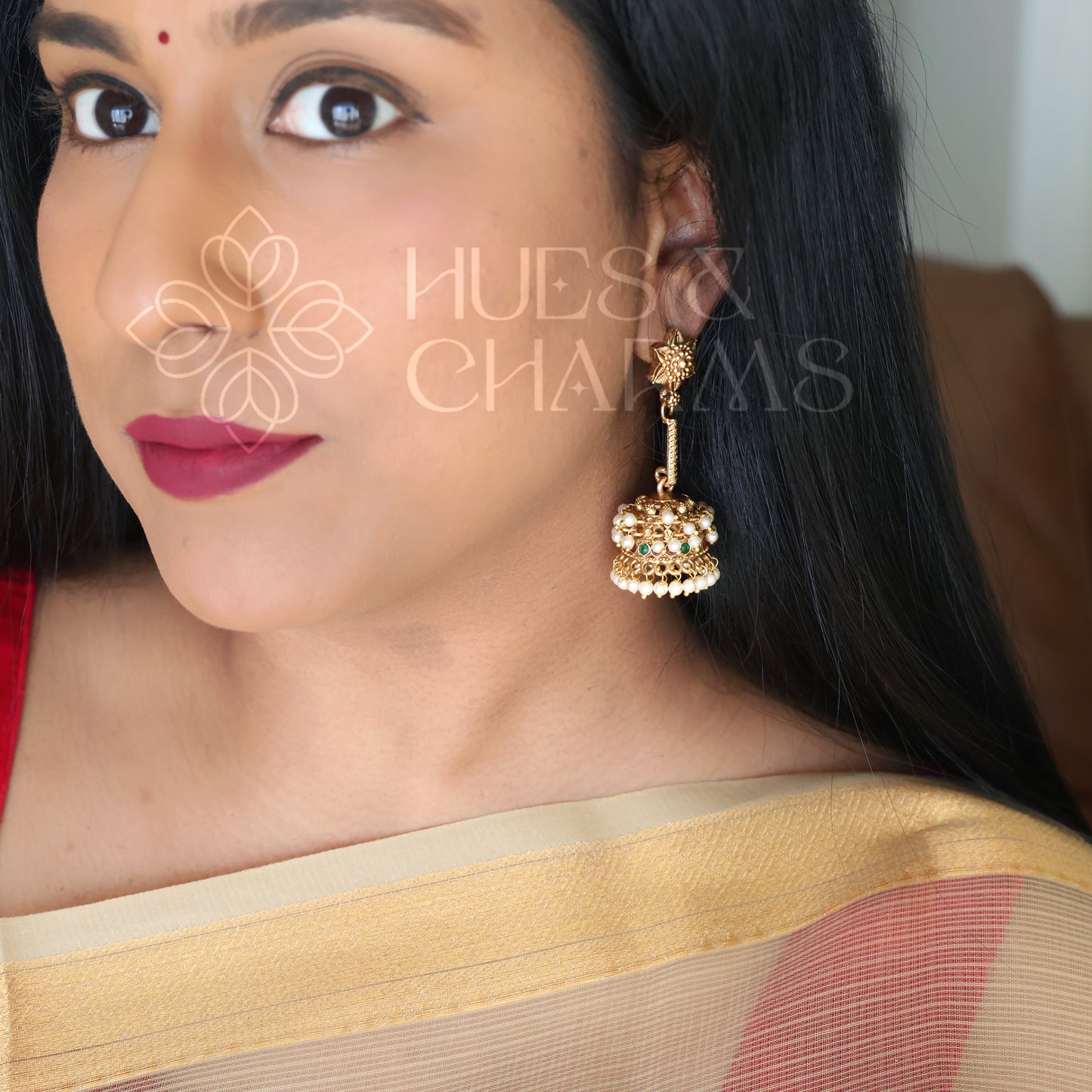 GOLDEN PUSHPA MALA JHUMKA WITH PEARLS