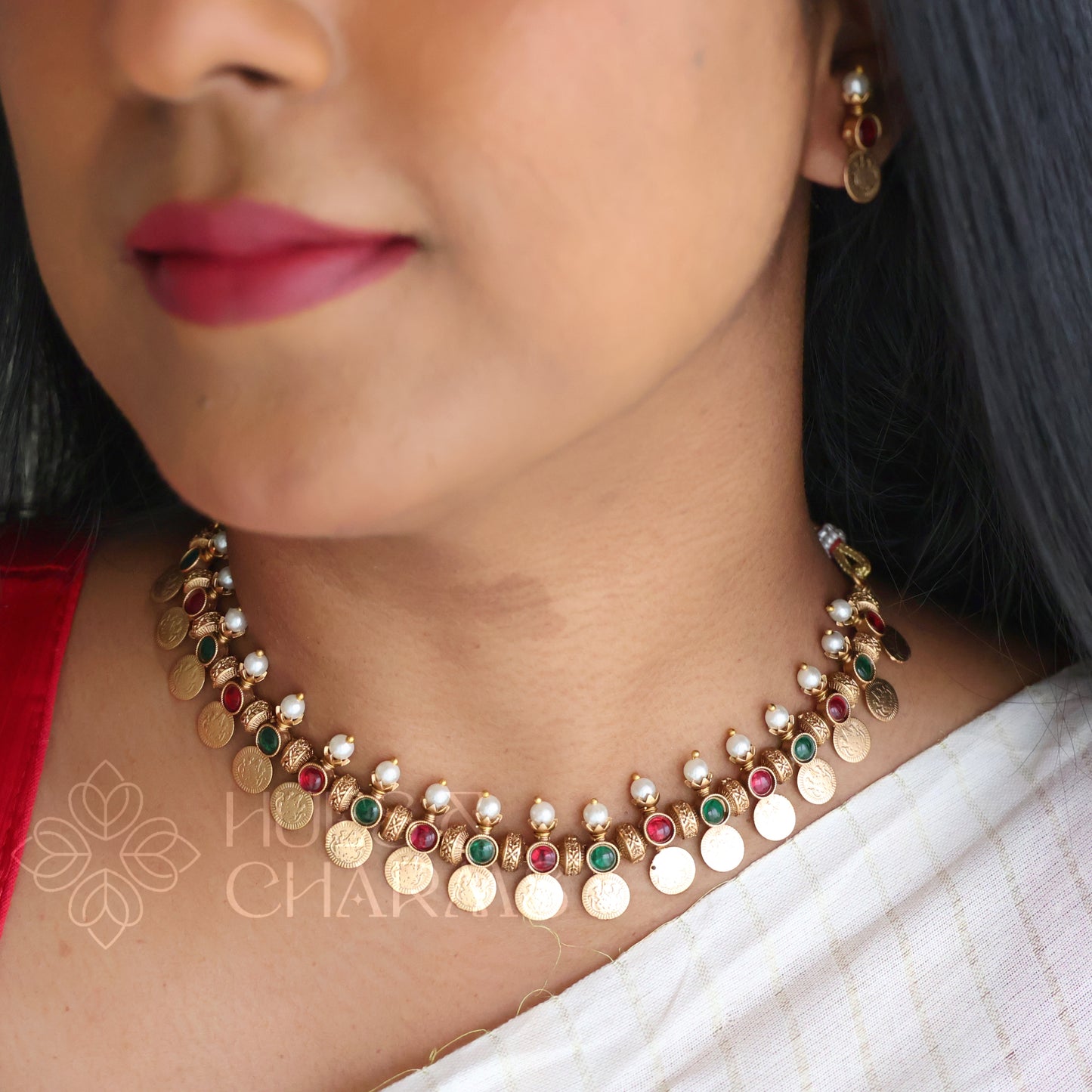 GOLDEN LAKSHMI COIN NECKLACE SET WITH PEARLS