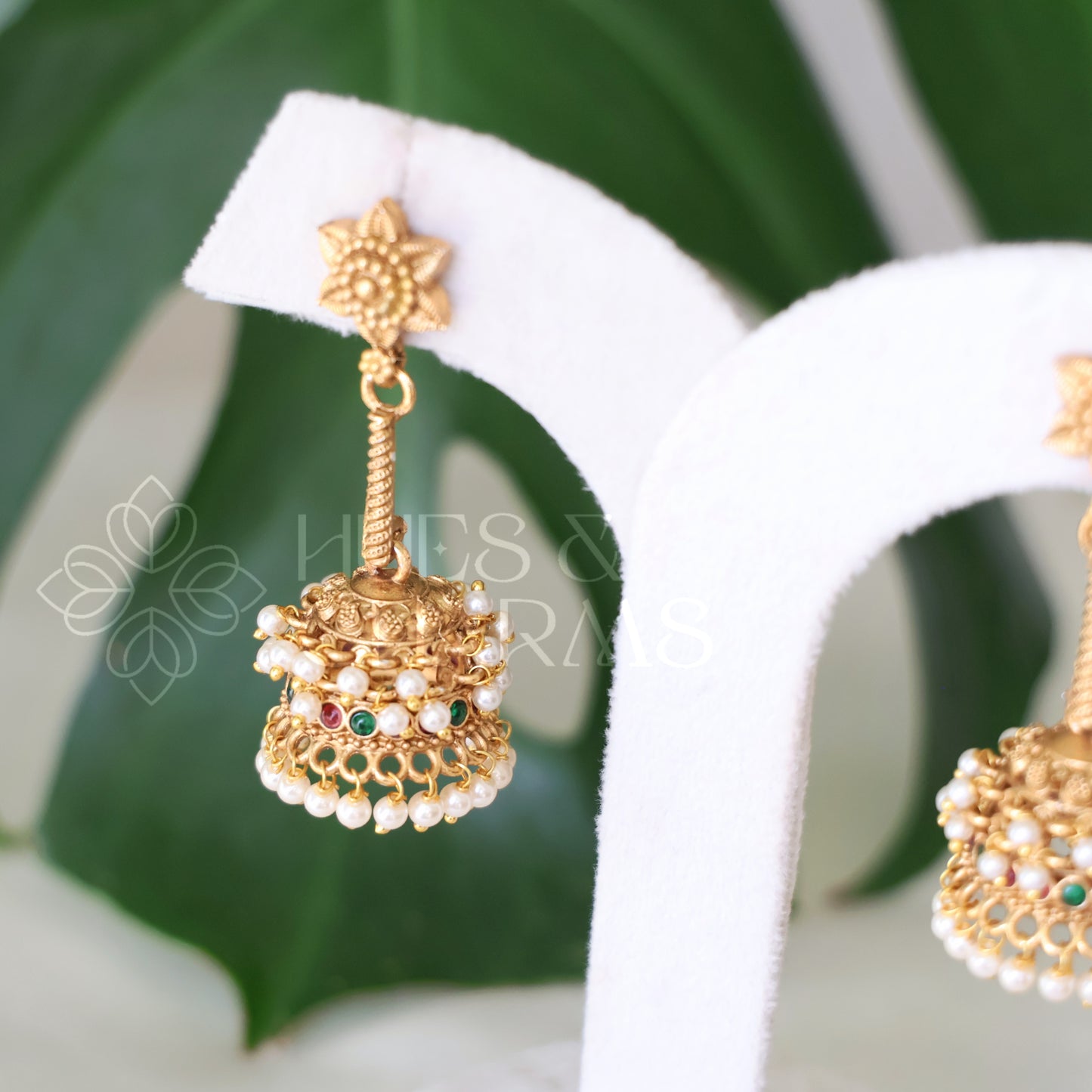 GOLDEN PUSHPA MALA JHUMKA WITH PEARLS