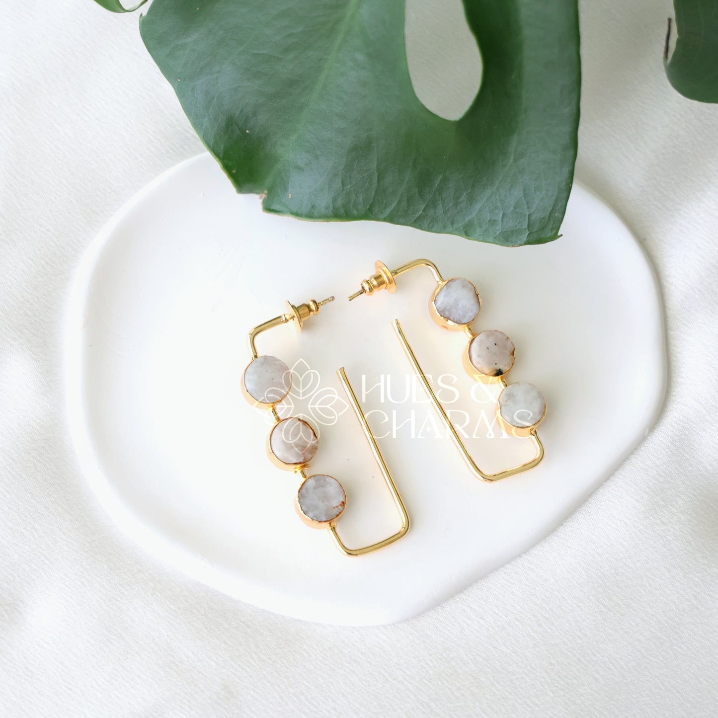 GOLDEN RAW STONE EDGE HOOP EARRINGS (Colours available)