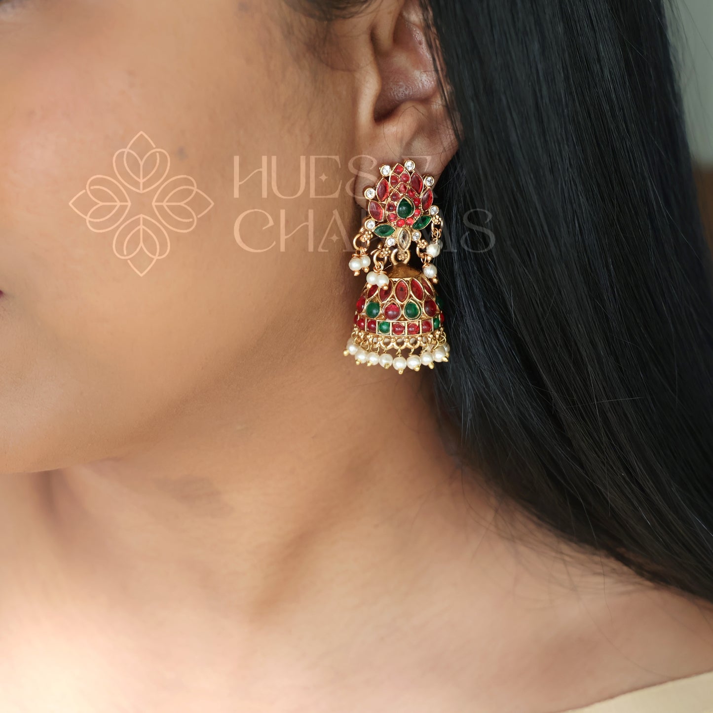 GOLDEN PADMA MOHINI JHUMKA WITH PEARLS