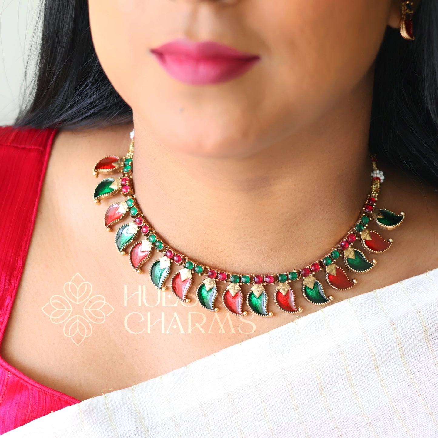 TRADITIONAL RUBY AND GREEN STATEMENT PALAKKA NECKLACE SET