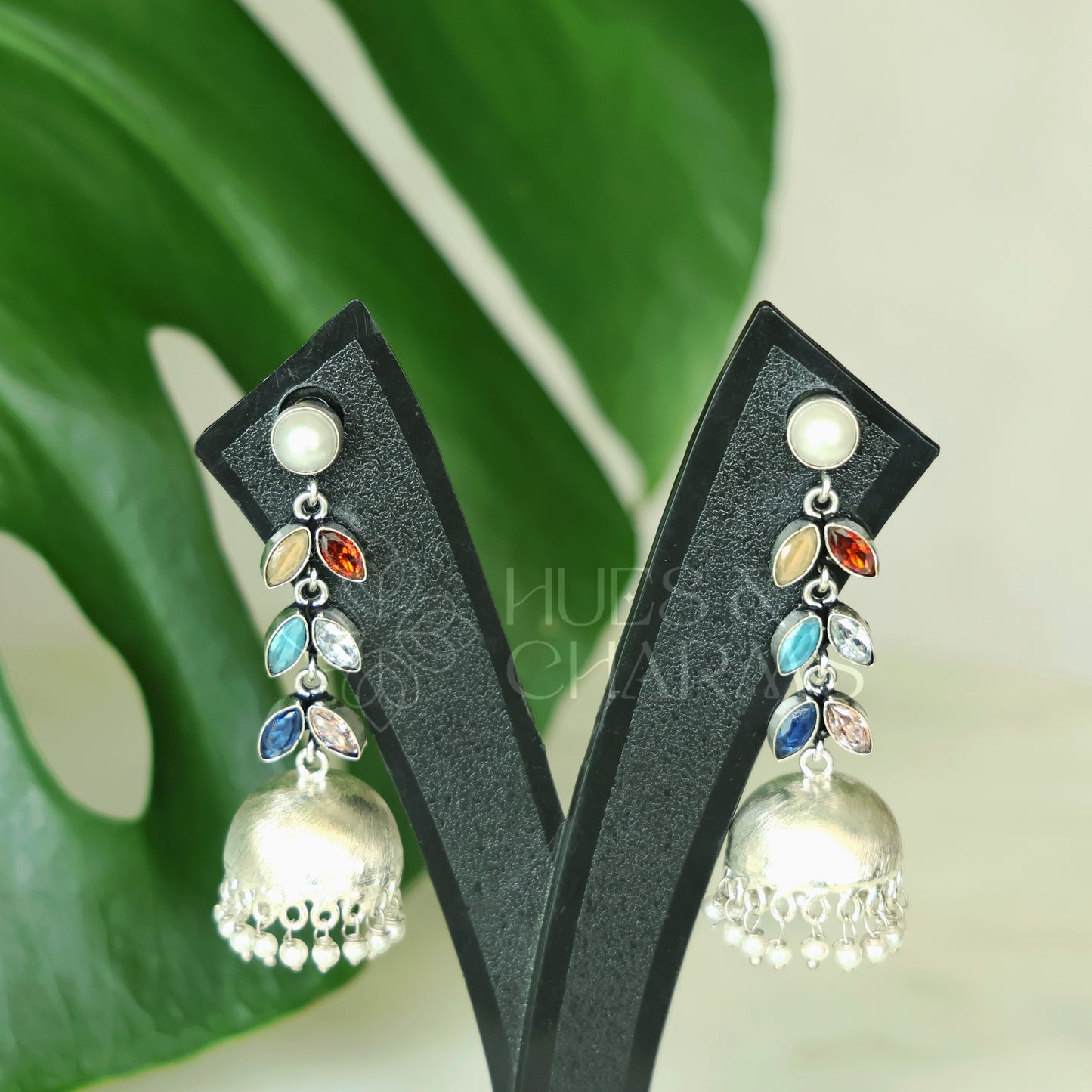 OXIDISED LEAF DROP JHUMKAS WITH CLUSTER PEARLS( COLOURS AVAILABLE )