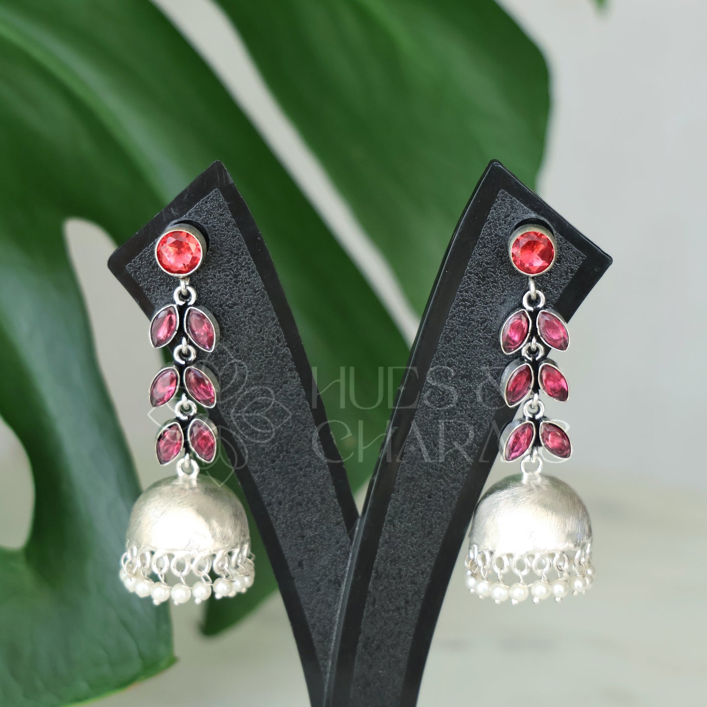 OXIDISED LEAF DROP JHUMKAS WITH CLUSTER PEARLS( COLOURS AVAILABLE )