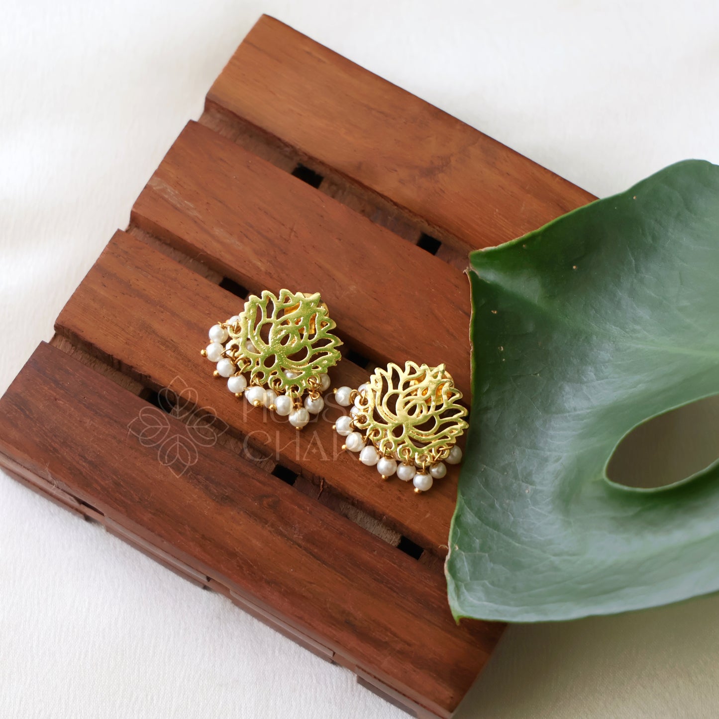 GOLDEN LOTUS BLOOM STUD EARRINGS WITH PEARLS