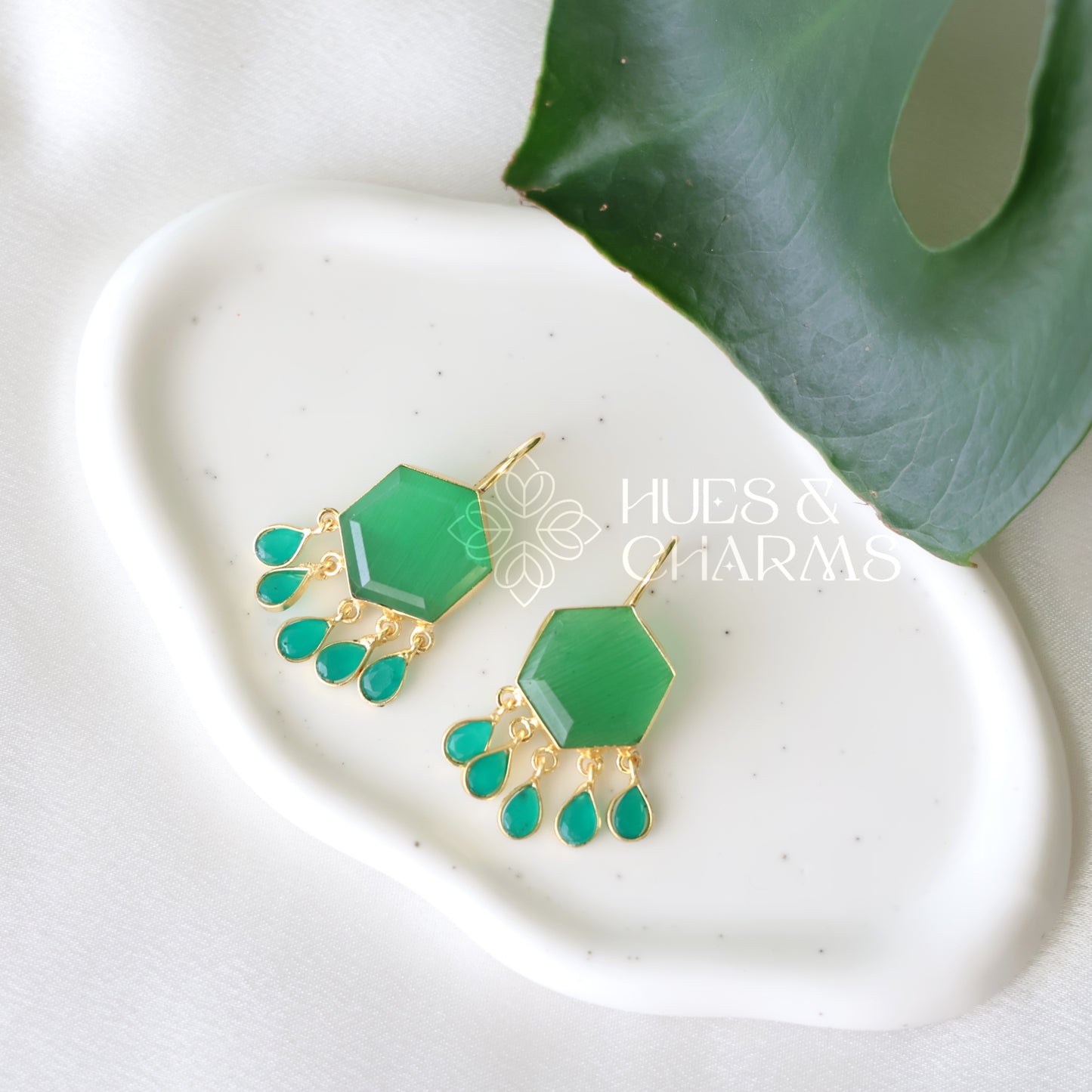 GOLDEN GLOSSY HEXA DEWDROPS EARRINGS (COLOURS AVAILABLE)