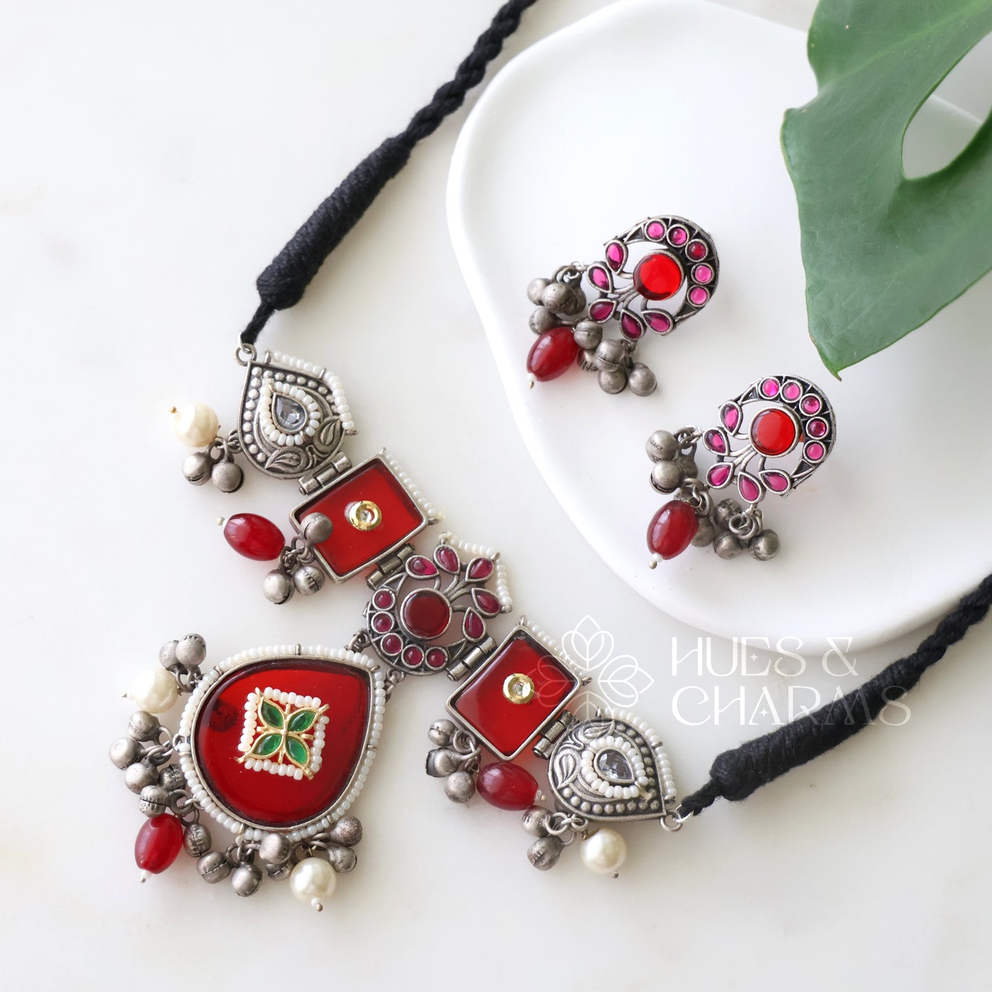 OXIDIZED GLOSSY GHUNGHROO CHOKER SET(Colours available )