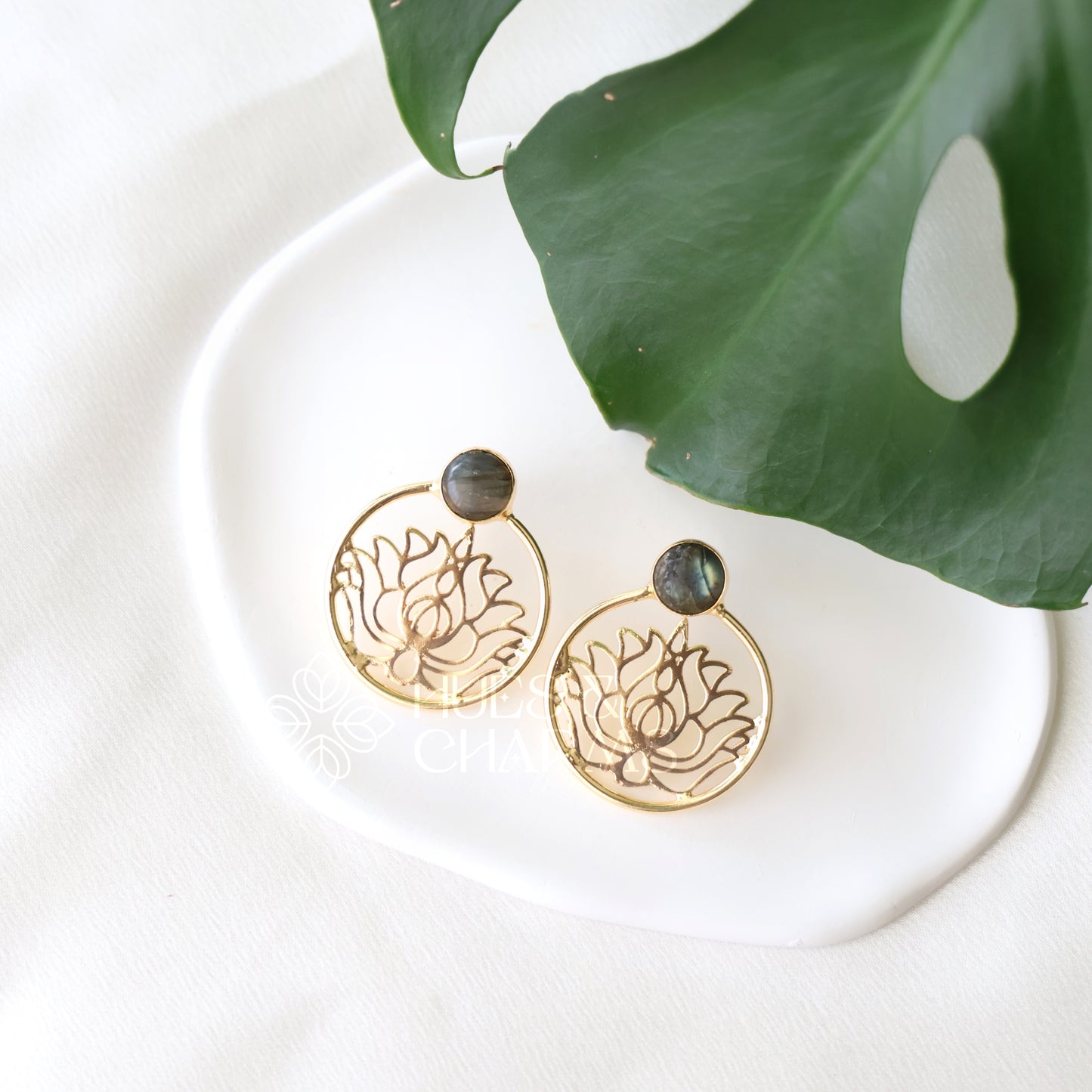 GOLDEN RAW STONE LOTUS EARRINGS