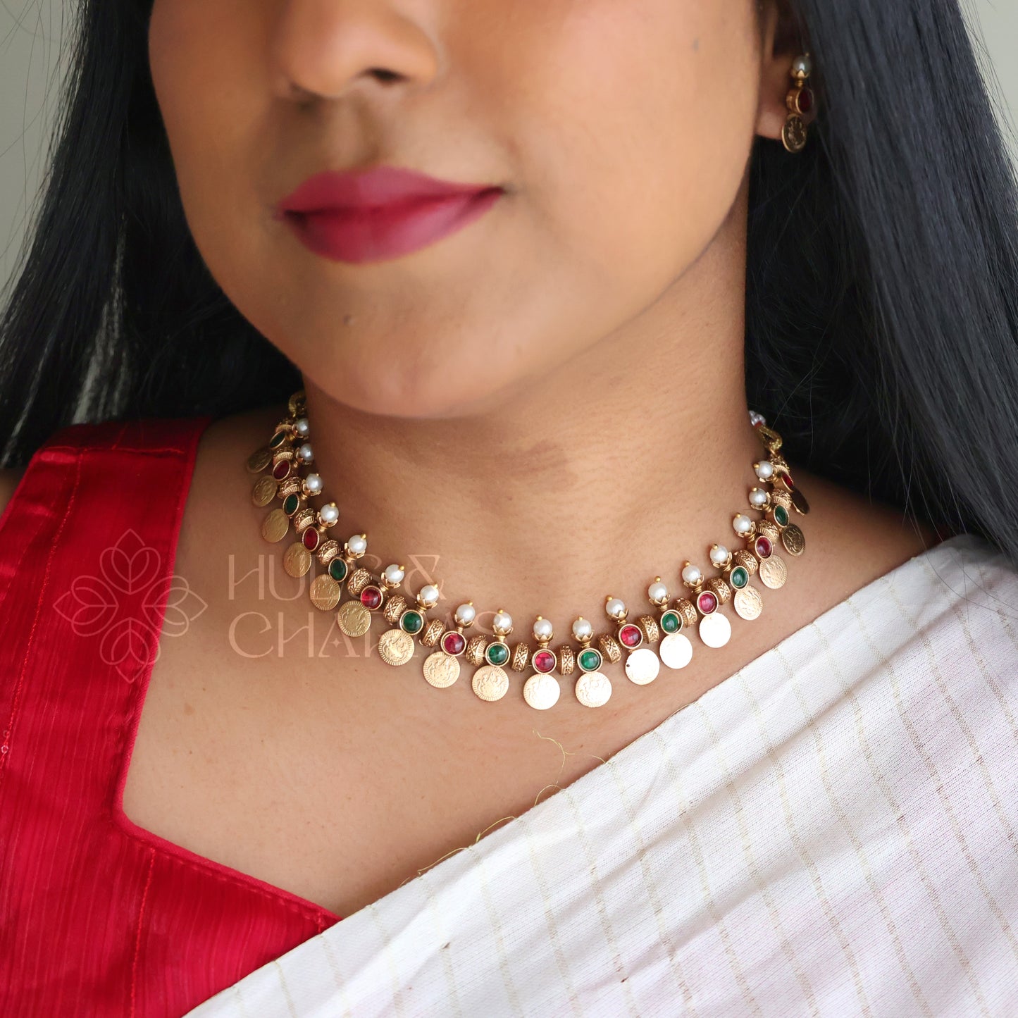 GOLDEN LAKSHMI COIN NECKLACE SET WITH PEARLS