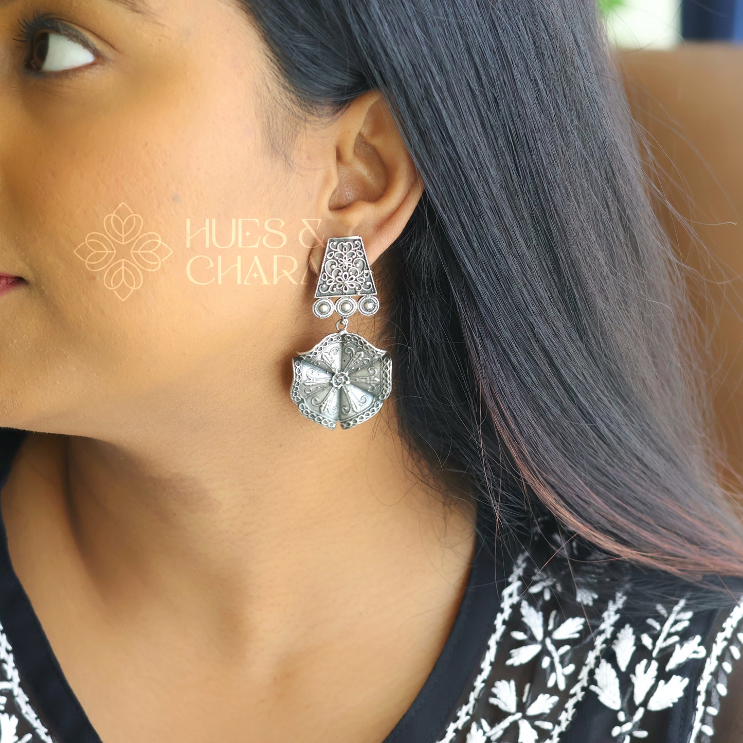 OXIDIZED TEXTURED FLORAL DROP WITH SELF DETAILING EARRINGS