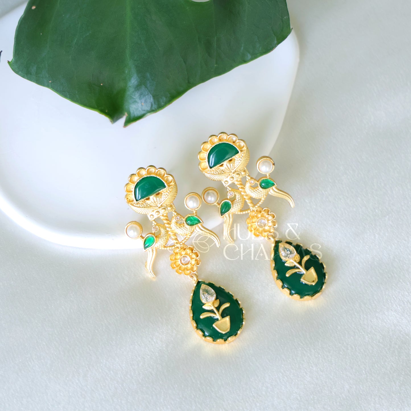 GOLDEN PEACOCK EARRINGS WITH PEARLS (COLOURS AVAILABLE)