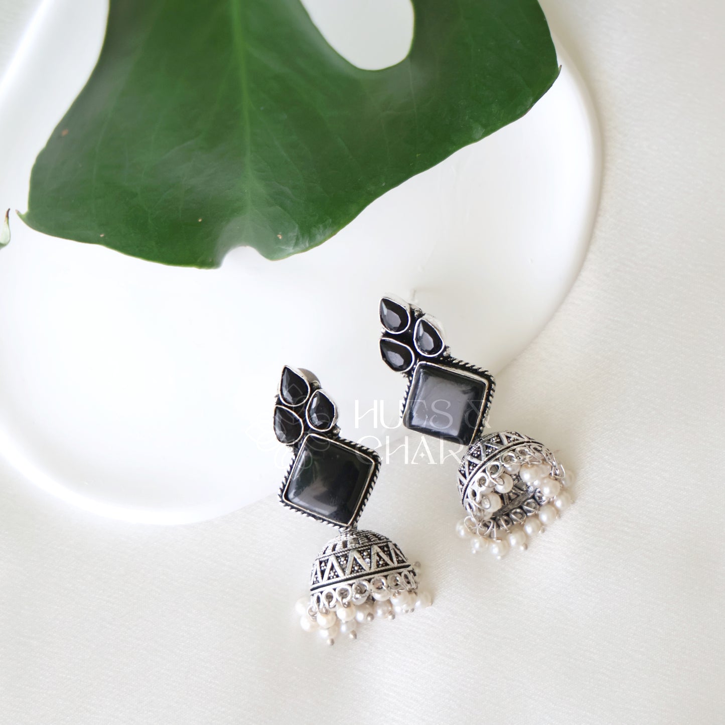 OXIDIZED 3 DROP JHUMKA EARRINGS WITH CLUSTER PEARLS