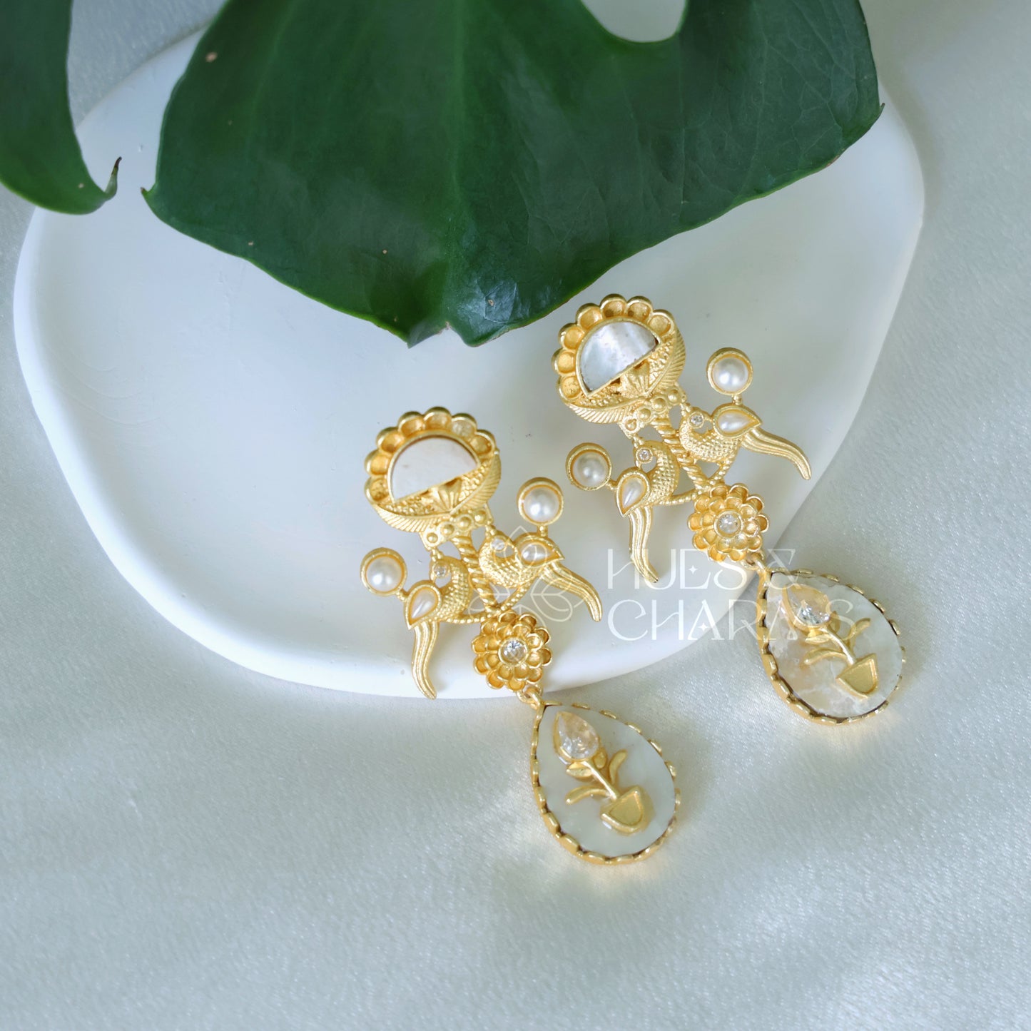 GOLDEN PEACOCK EARRINGS WITH PEARLS (COLOURS AVAILABLE)