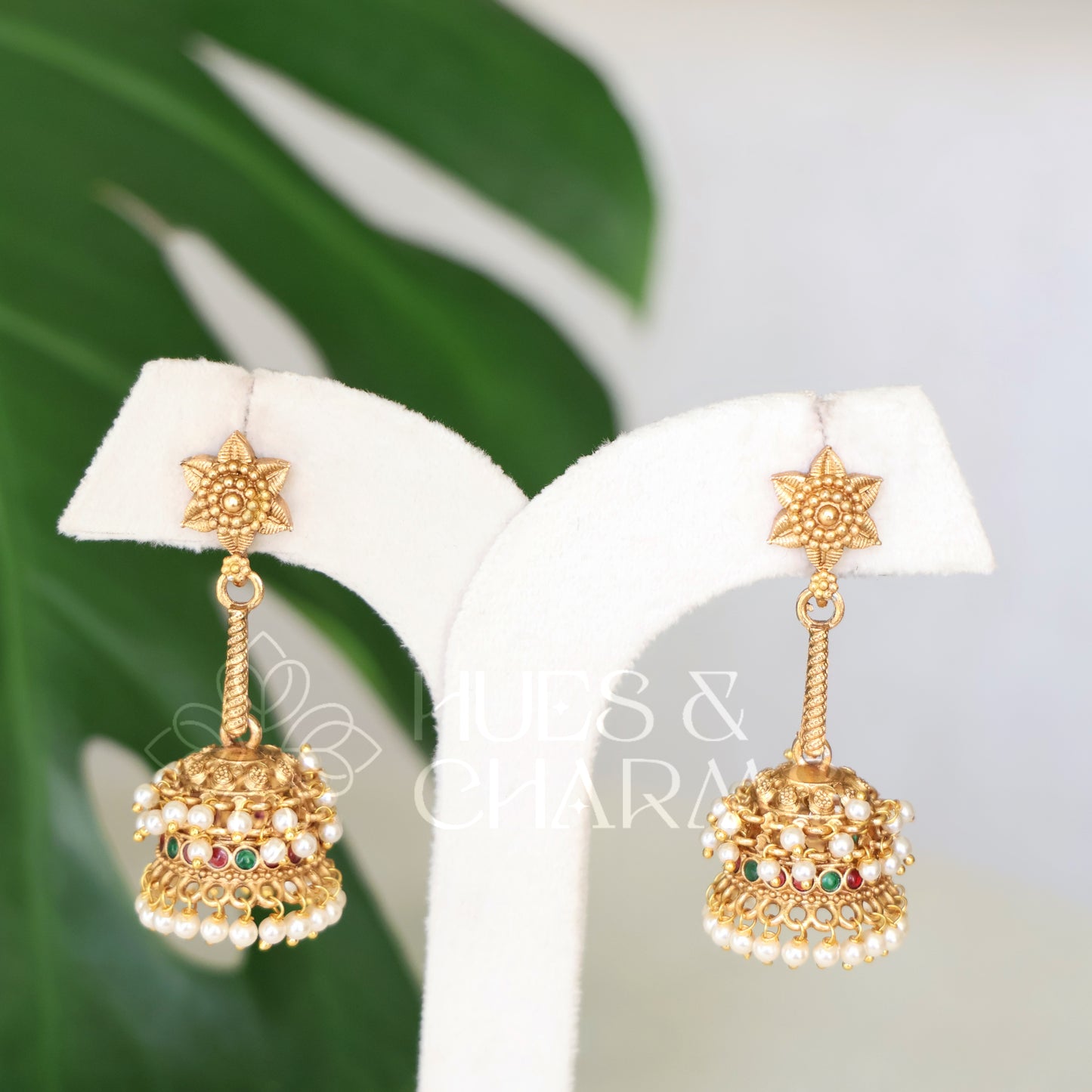 GOLDEN PUSHPA MALA JHUMKA WITH PEARLS