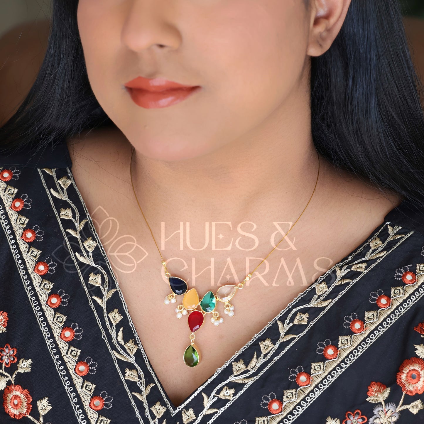 GLOSSY 5 DROP FLOATING NECKPIECE WITH PEARLS (COLOURS AVAILABLE)