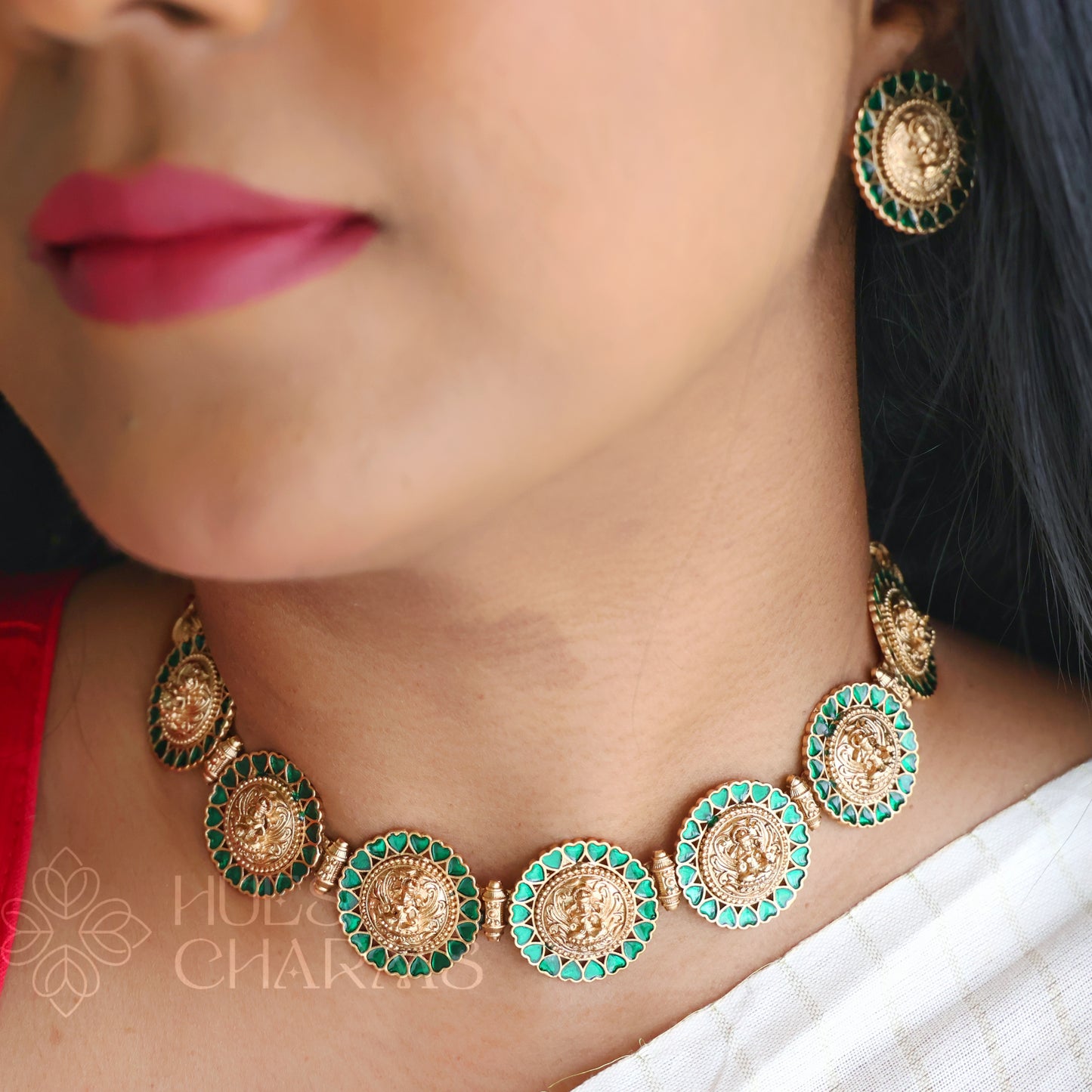 GOLDEN GREEN STATEMENT LAKSHMI NECKLACE SET