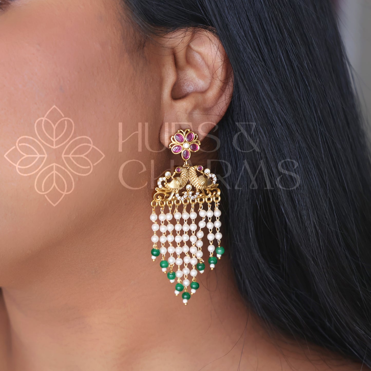 GOLDEN MAYURA PEARL LAYERD FLORAL EARRINGS (COLOURS AVAILABLE )