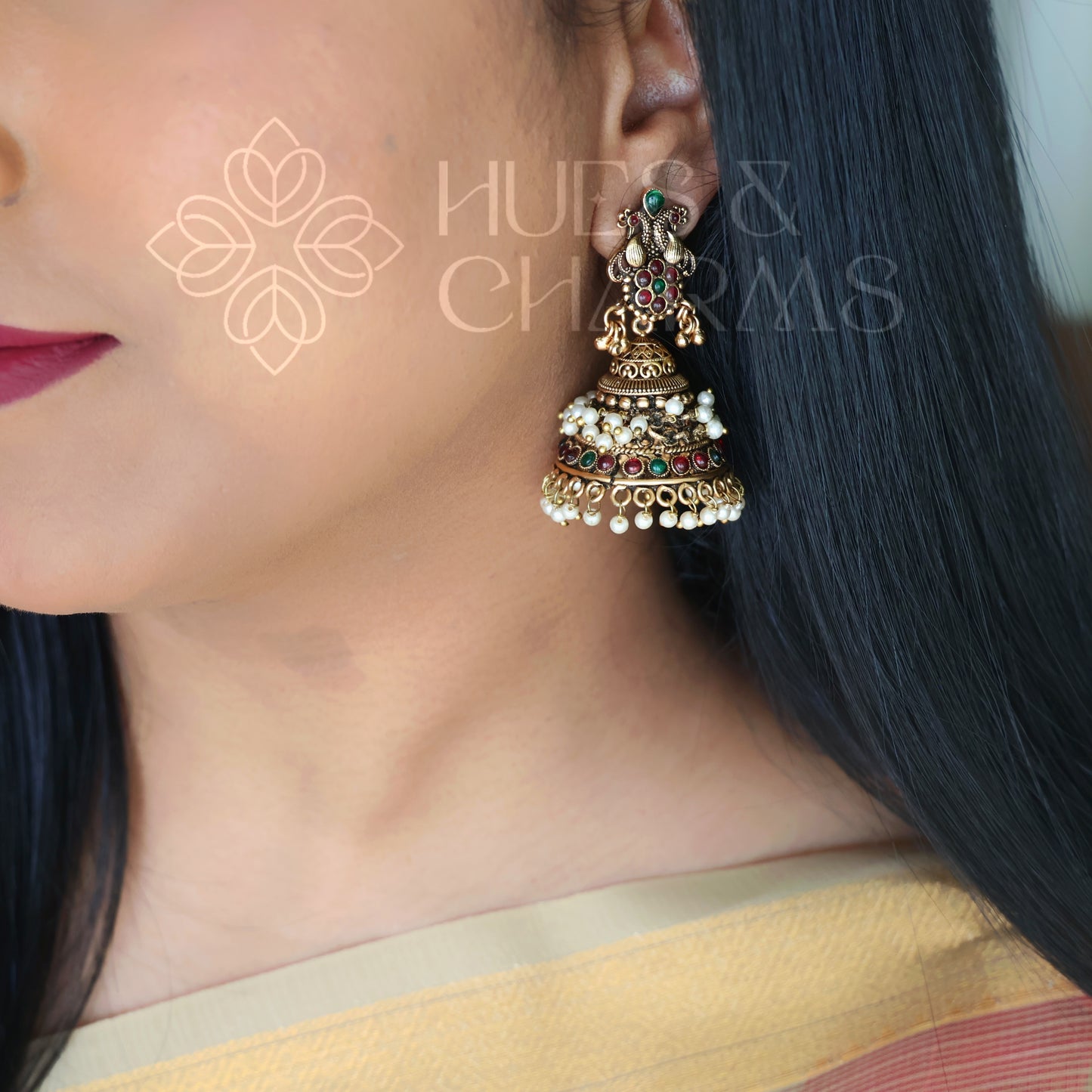 TRADITIONAL ANTIQUE MAYURA JHUMKAS WITH PEARLS