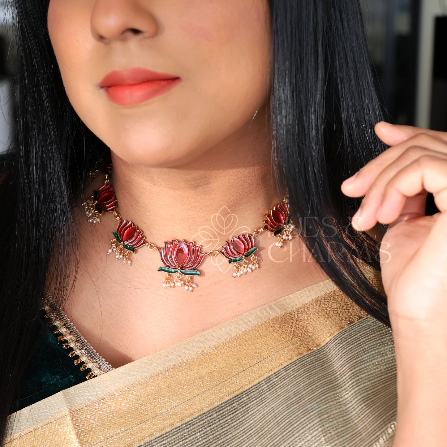 LOTUS ENAMEL GUTTAPUSALU NECKLACE SET(OPTIONS AVAILABLE)