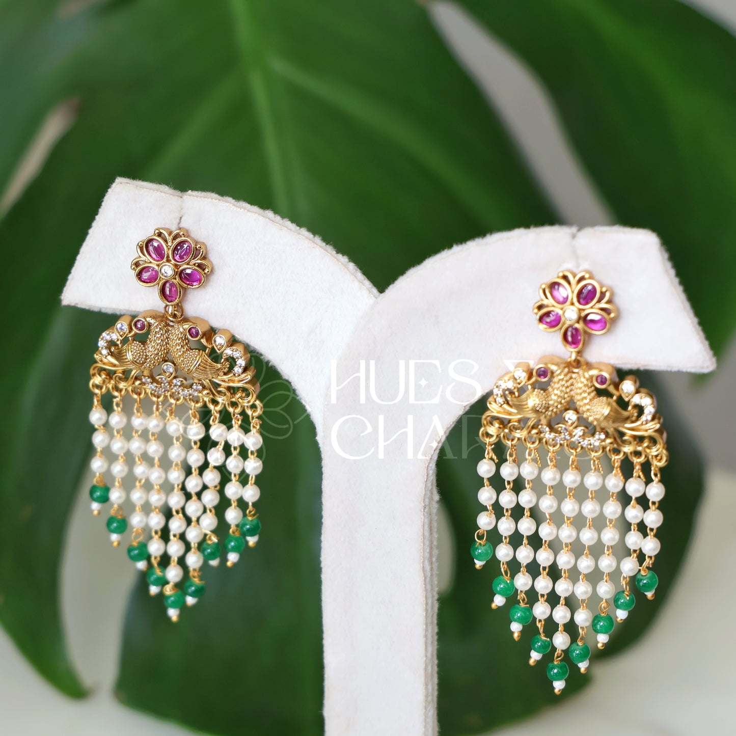 GOLDEN MAYURA PEARL LAYERD FLORAL EARRINGS (COLOURS AVAILABLE )