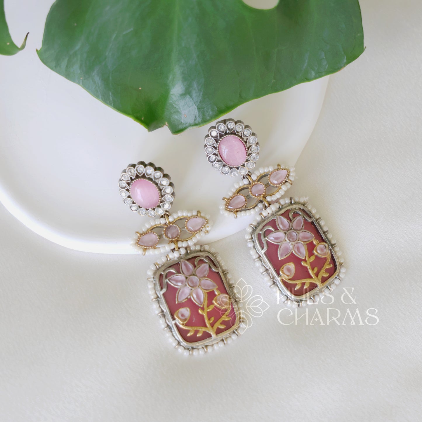 DUAL TONE FLORAL STATEMENT EARRINGS WITH BEADS ( COLOURS AVAILABLE )