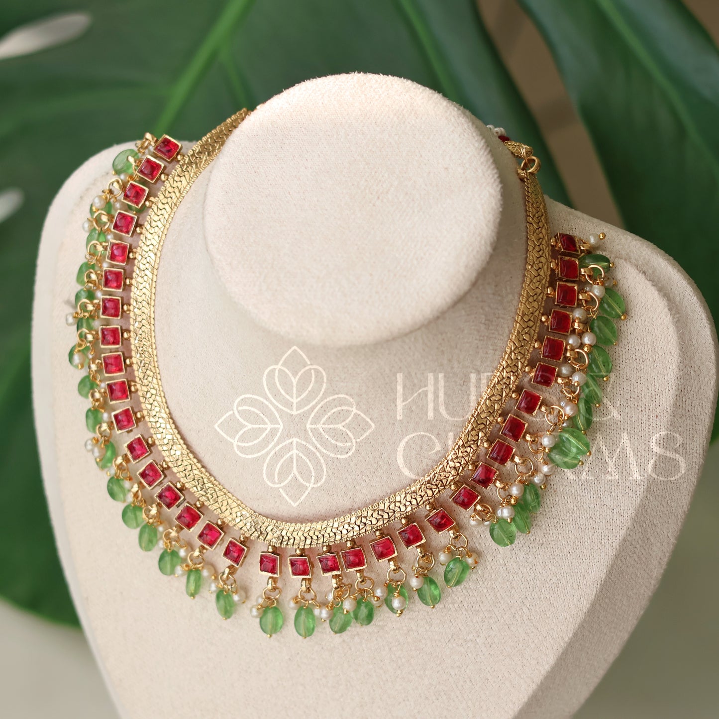 GOLDEN TARANGINI GREEN BEADS DROP NECKLACE SET
