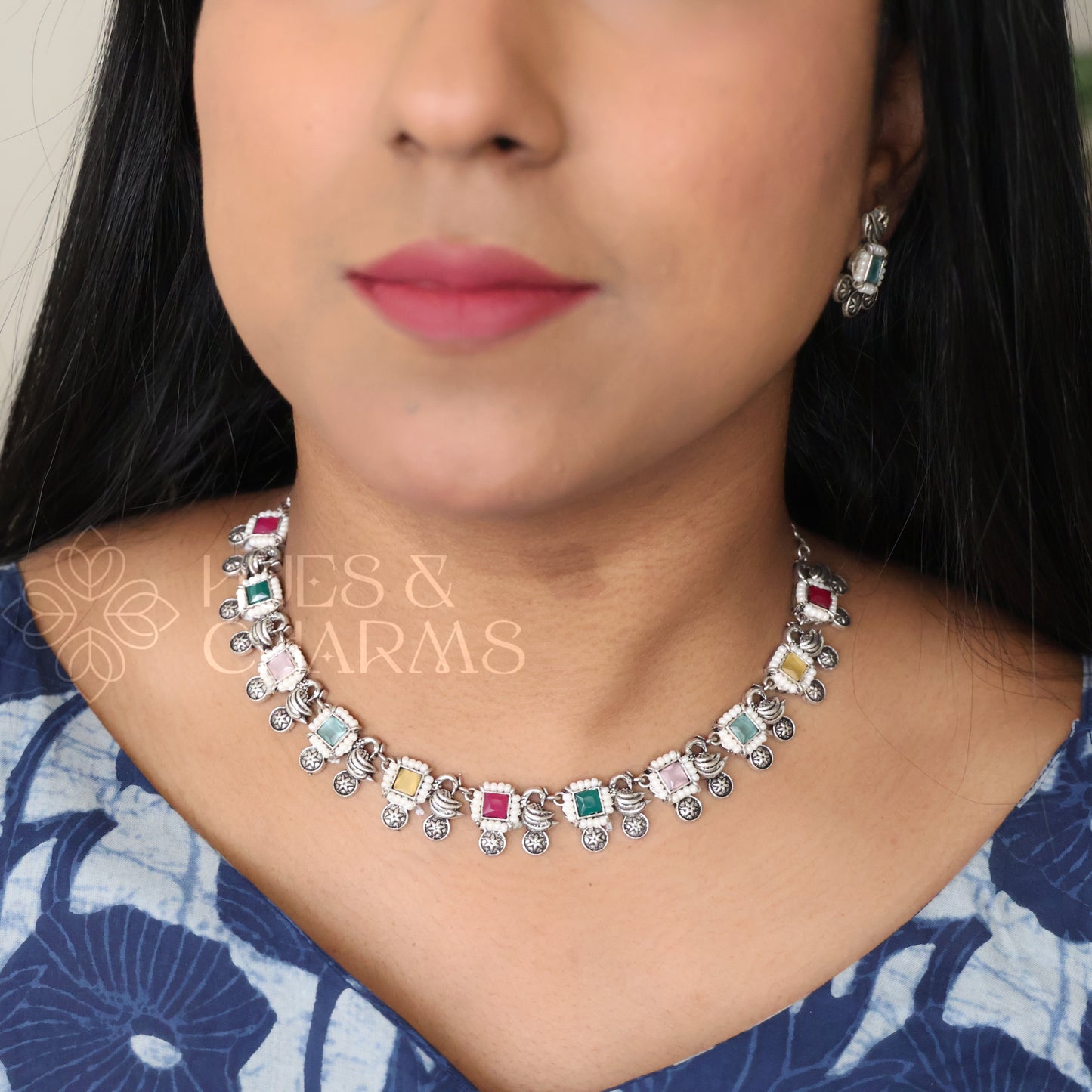 OXIDIZED GLOSSY NECKLACE SET WITH BEADS (Colours available )