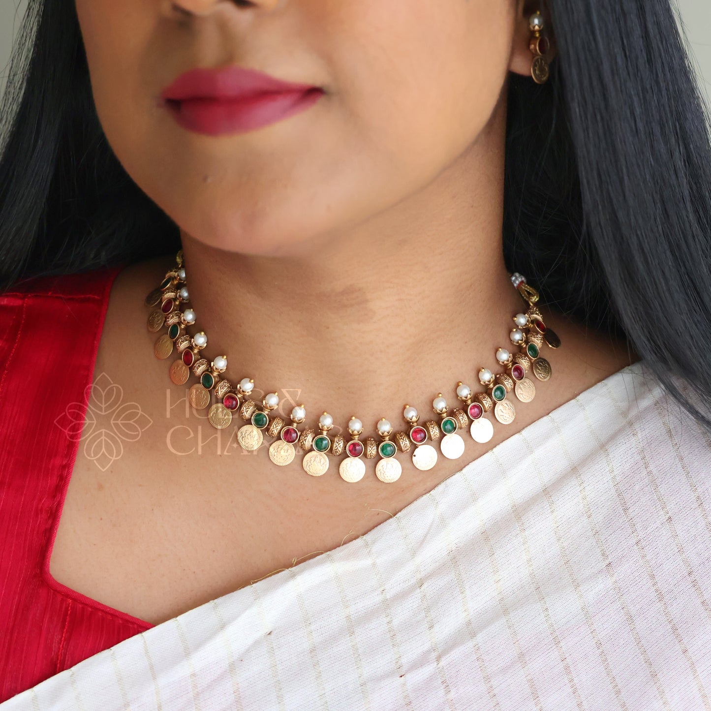 GOLDEN LAKSHMI COIN NECKLACE SET WITH PEARLS