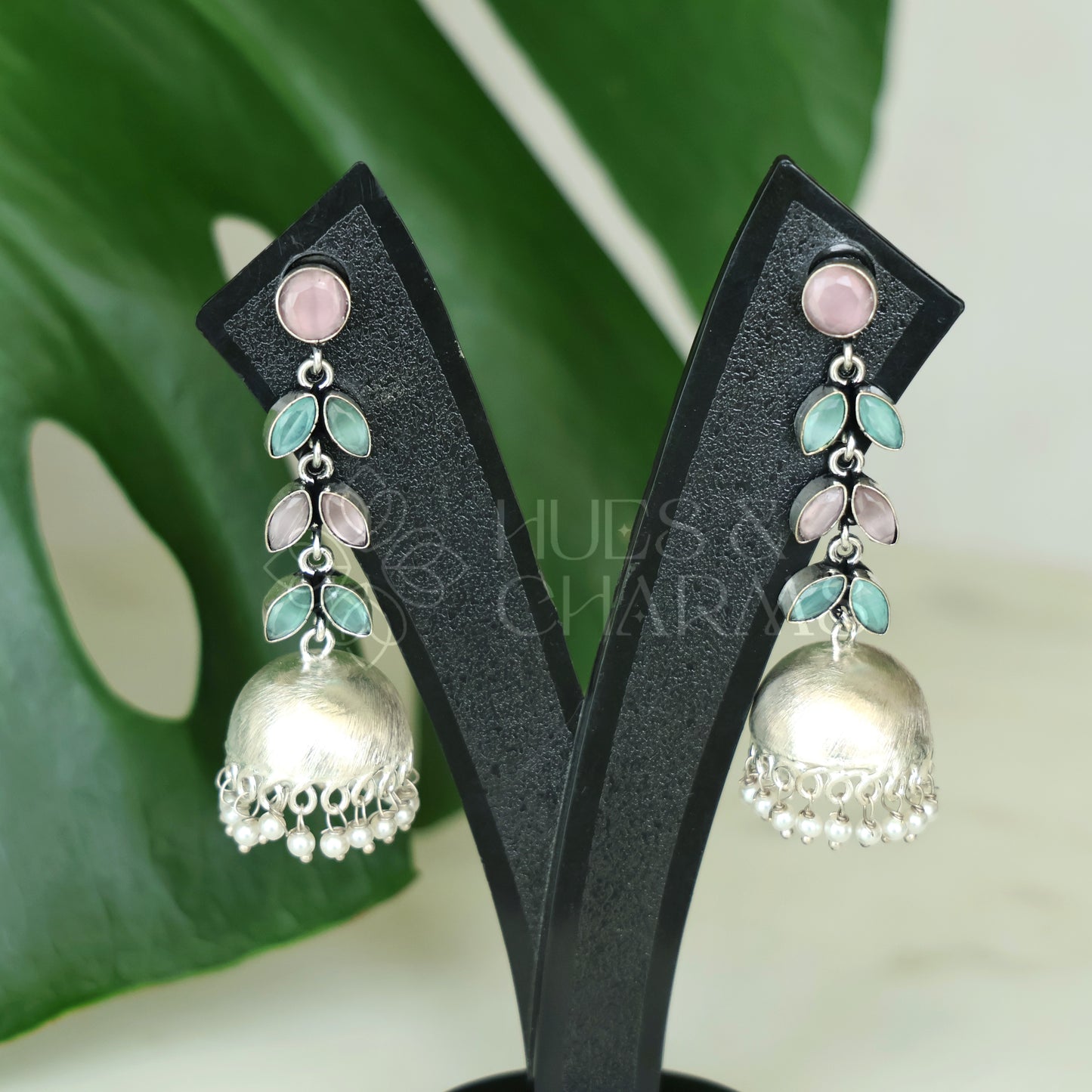 OXIDISED LEAF DROP JHUMKAS WITH CLUSTER PEARLS( COLOURS AVAILABLE )