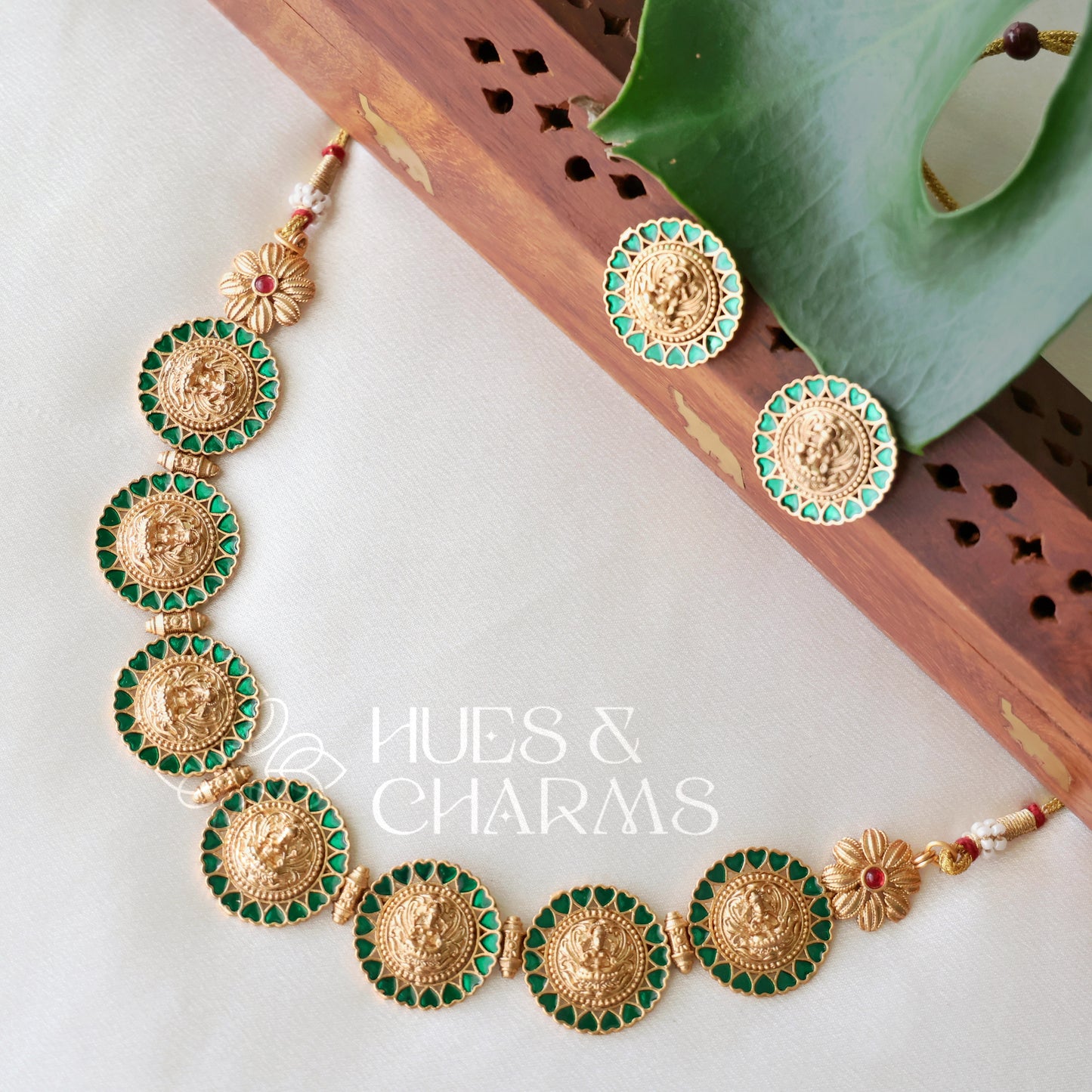 GOLDEN GREEN STATEMENT LAKSHMI NECKLACE SET