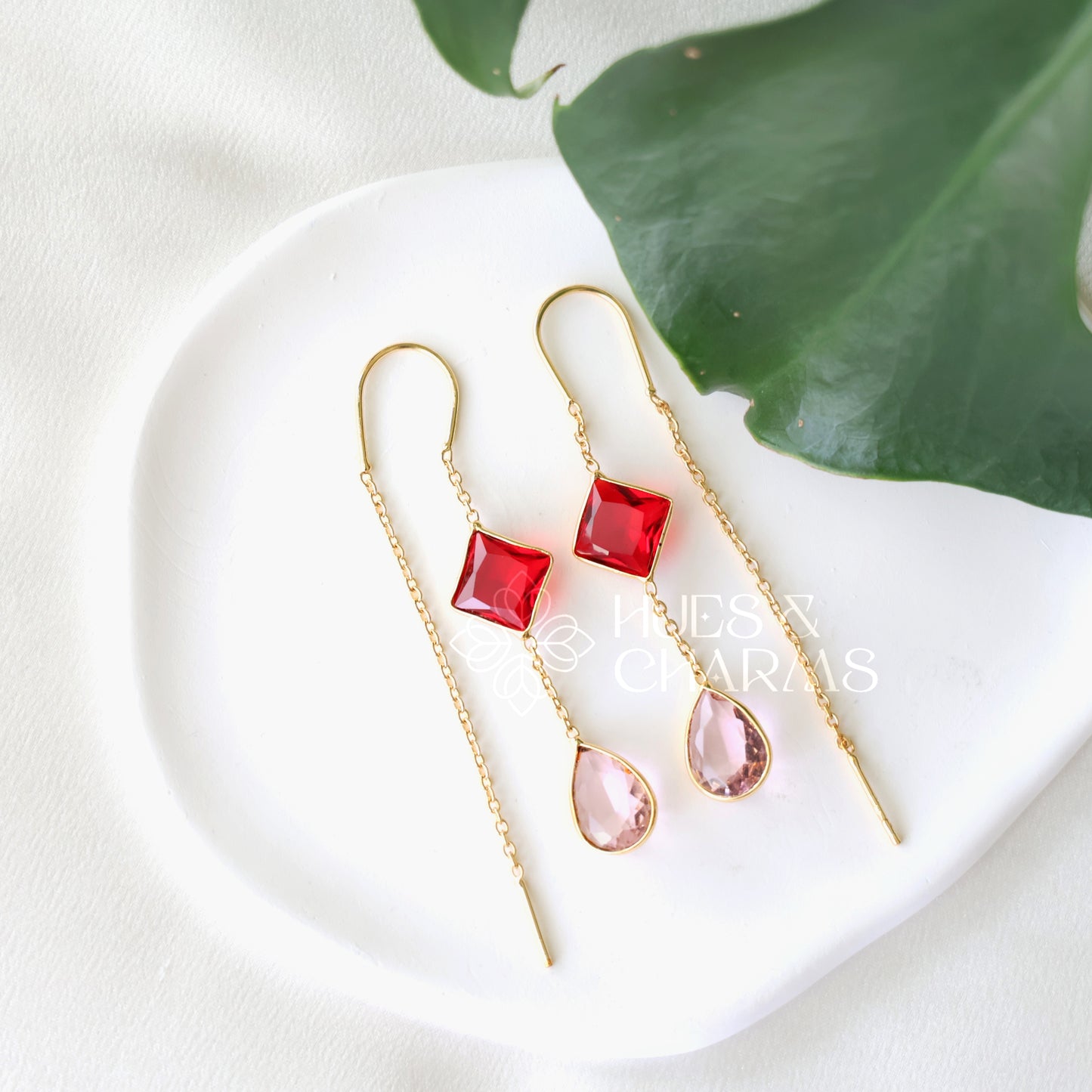 GOLDEN NEEDLE AND THREAD GLOSSY DROP AND DIAMOND EARRINGS