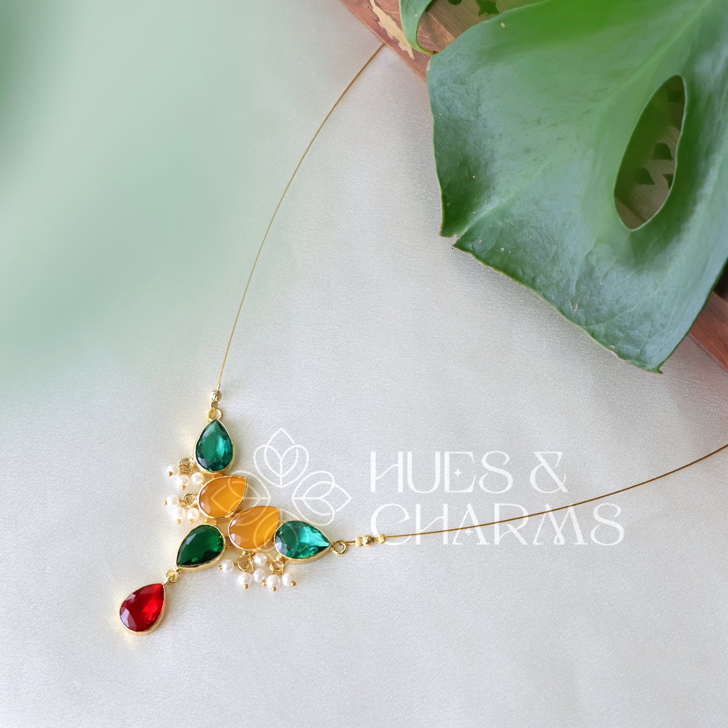 GLOSSY 5 DROP FLOATING NECKPIECE WITH PEARLS (COLOURS AVAILABLE)