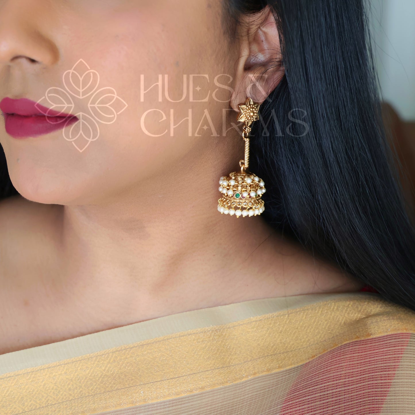 GOLDEN PUSHPA MALA JHUMKA WITH PEARLS