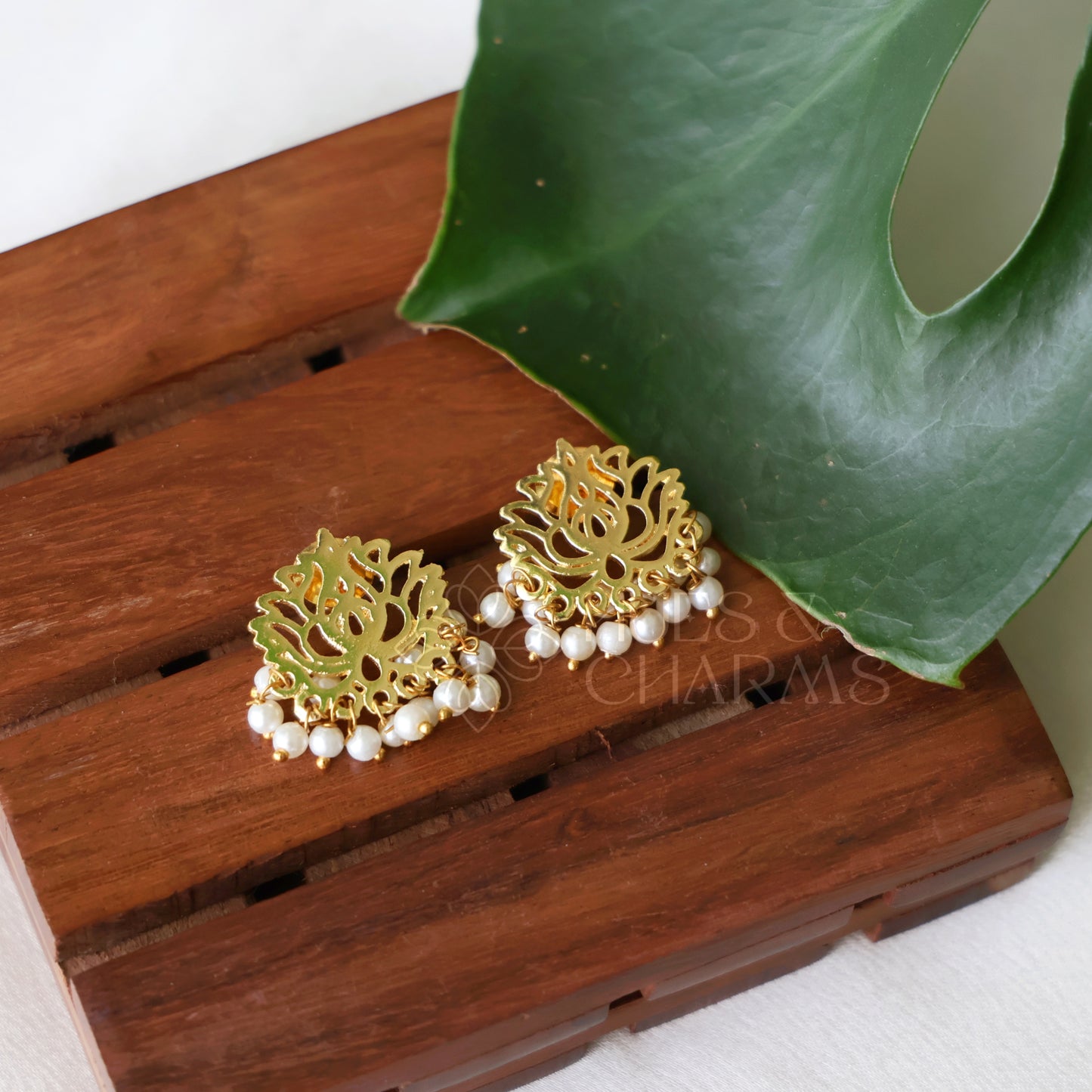 GOLDEN LOTUS BLOOM STUD EARRINGS WITH PEARLS