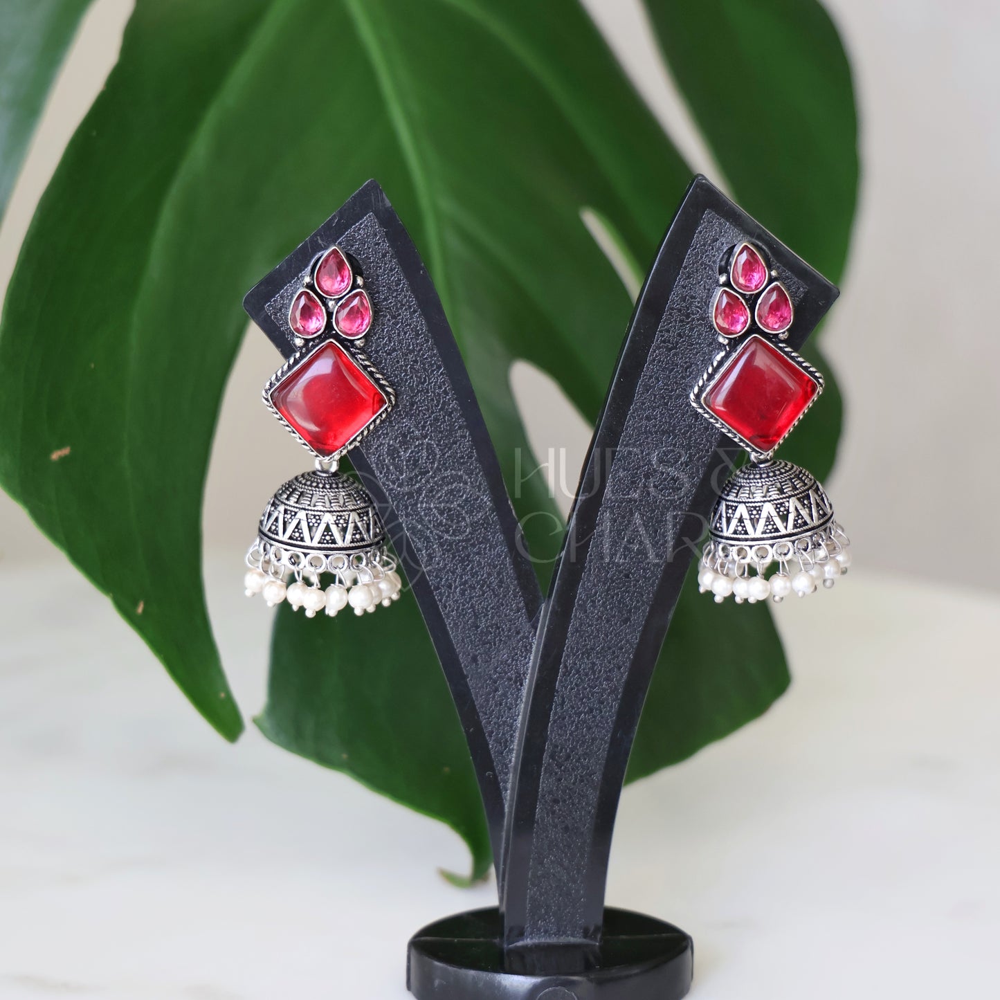 OXIDIZED 3 DROP JHUMKA EARRINGS WITH CLUSTER PEARLS