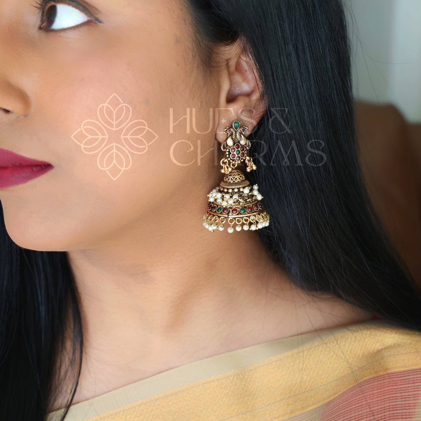 TRADITIONAL ANTIQUE MAYURA JHUMKAS WITH PEARLS