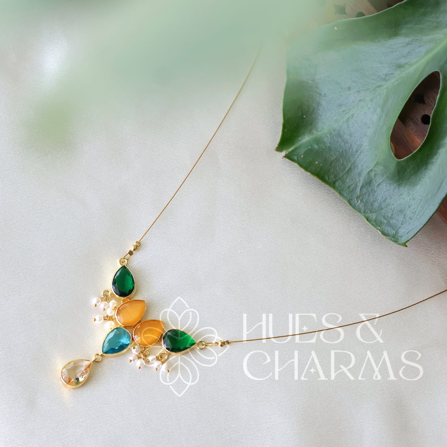 GLOSSY 5 DROP FLOATING NECKPIECE WITH PEARLS (COLOURS AVAILABLE)