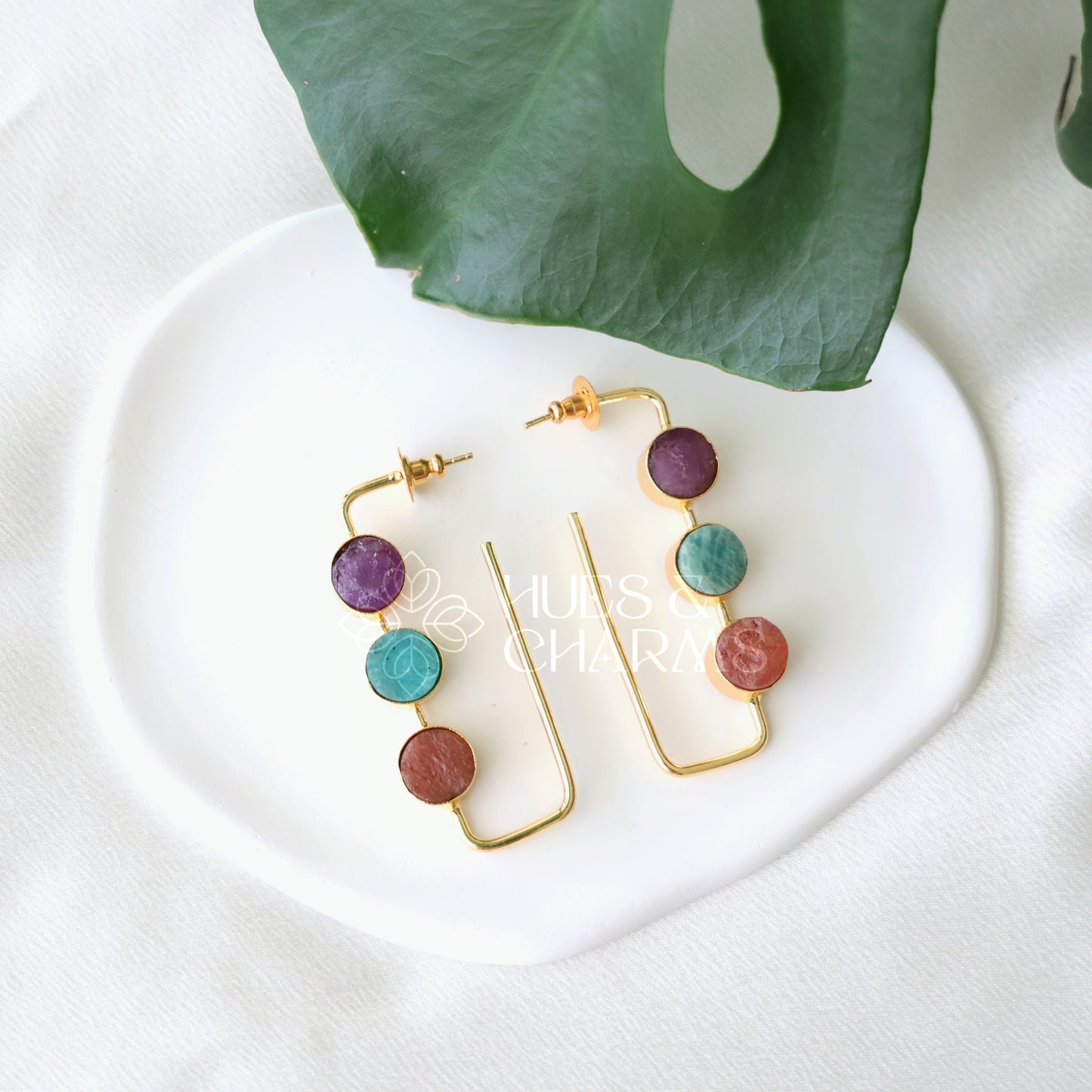 GOLDEN RAW STONE EDGE HOOP EARRINGS (Colours available)