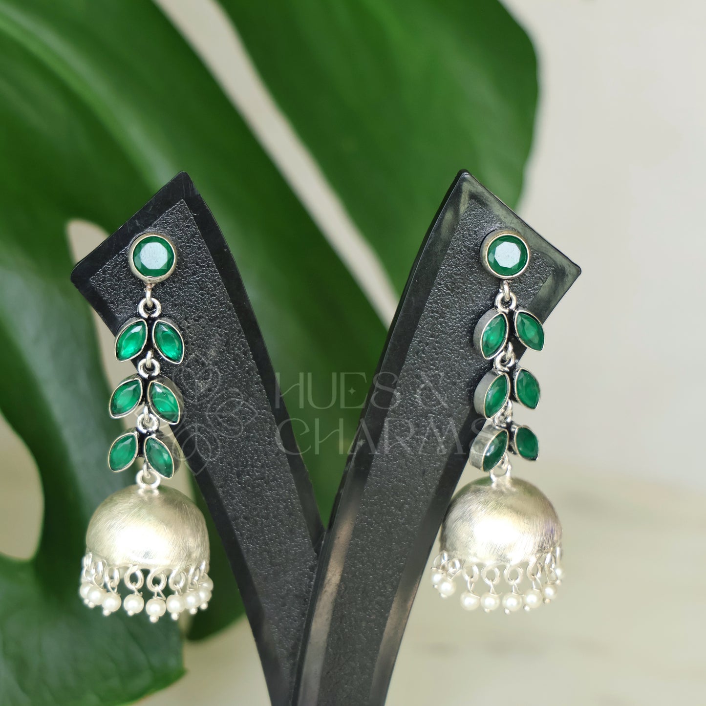 OXIDISED LEAF DROP JHUMKAS WITH CLUSTER PEARLS( COLOURS AVAILABLE )